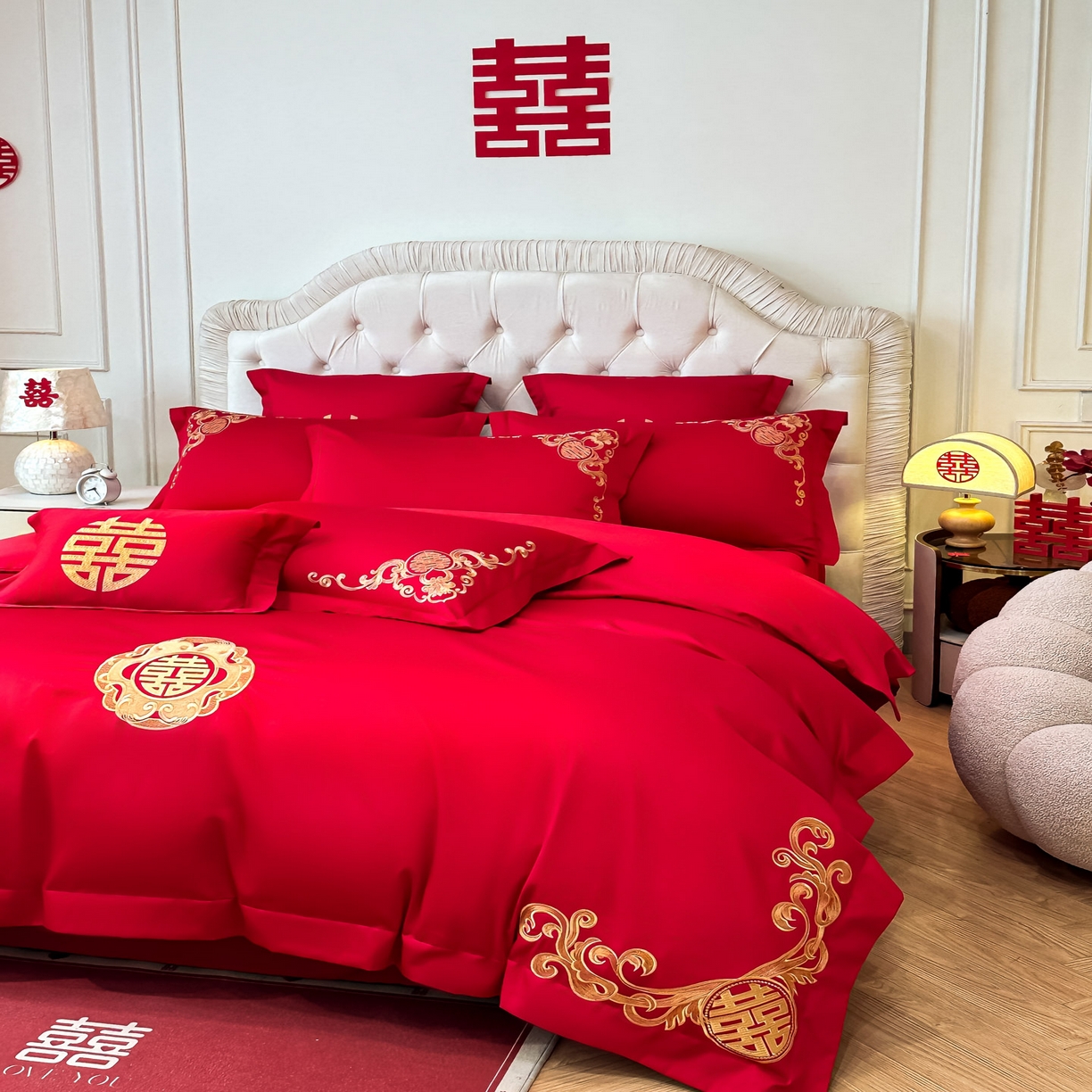 91家纺网 家纺一手货源 找家纺 欧乐蒂 2025新款亲肤棉婚庆刺绣四件套 锦上添喜