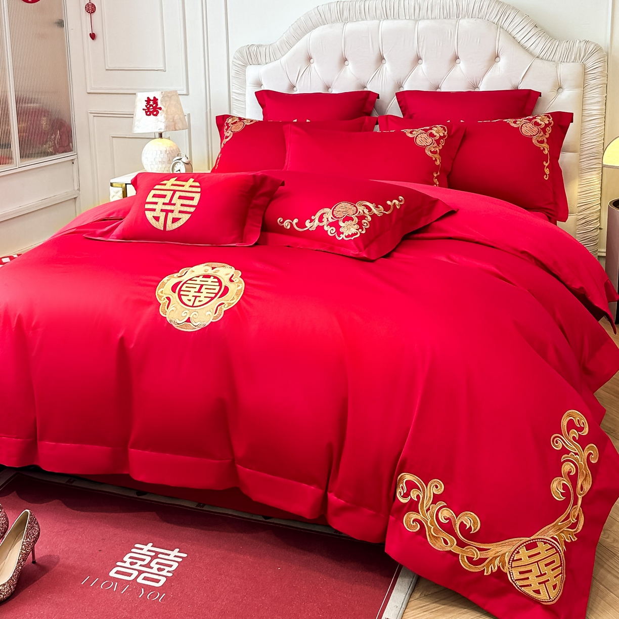 91家纺网 家纺一手货源 找家纺 欧乐蒂 2025新款亲肤棉婚庆刺绣四件套 锦上添喜