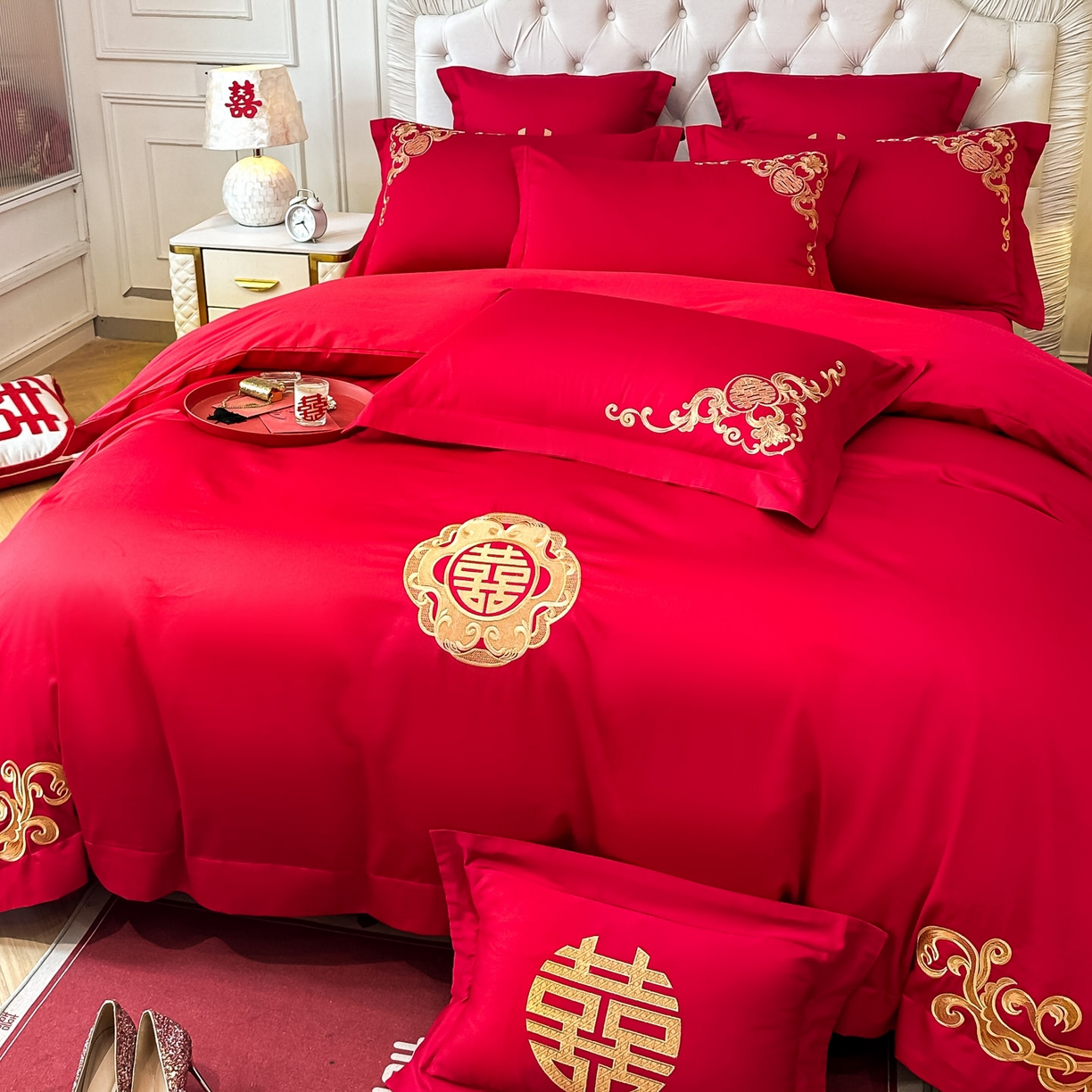 91家纺网 家纺一手货源 找家纺 欧乐蒂 2025新款亲肤棉婚庆刺绣四件套 锦上添喜