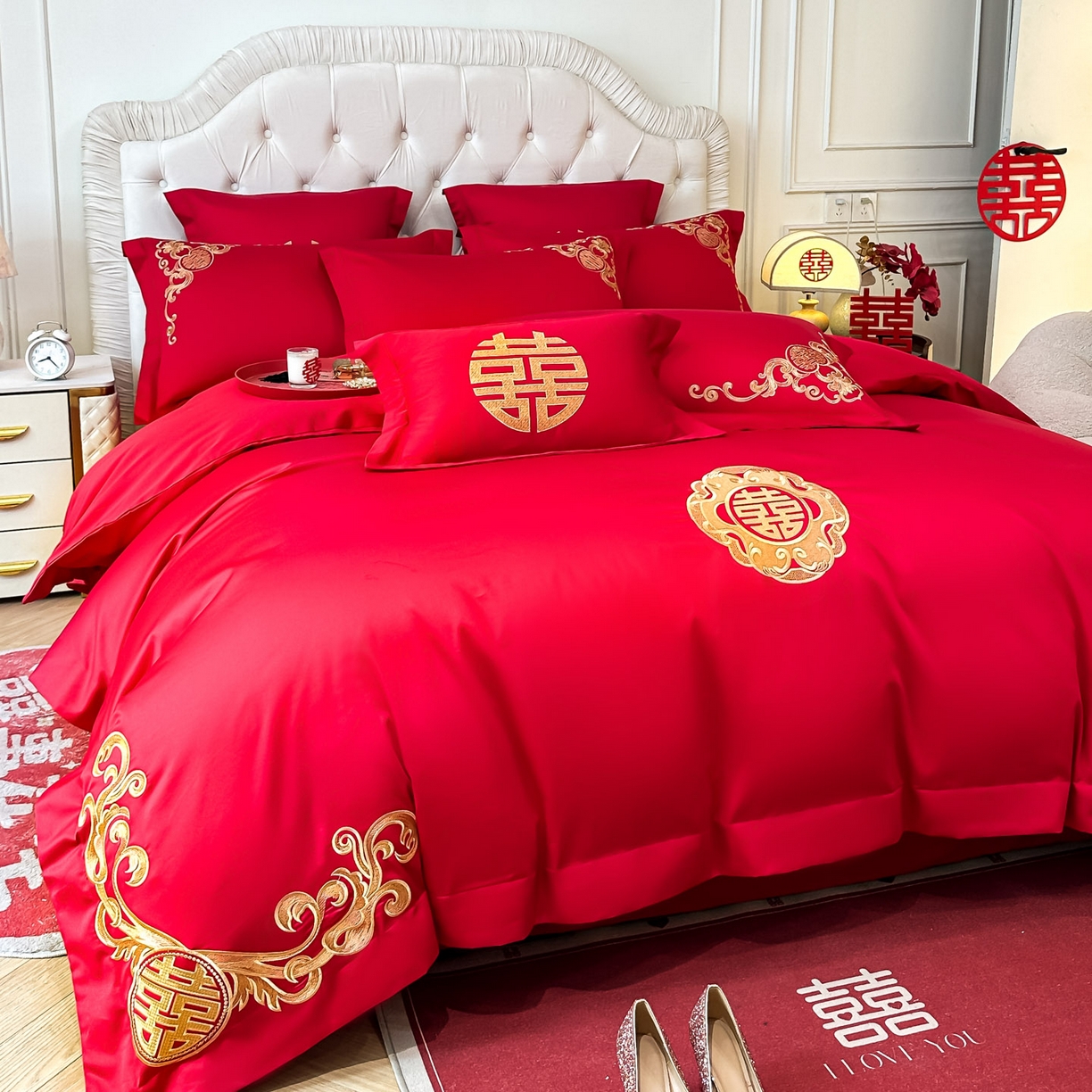 91家纺网 家纺一手货源 找家纺 欧乐蒂 2025新款亲肤棉婚庆刺绣四件套 锦上添喜