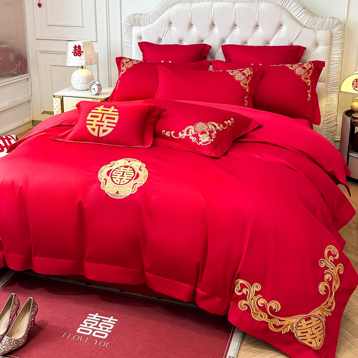 91家纺网 家纺一手货源 找家纺 欧乐蒂 2025新款亲肤棉婚庆刺绣四件套 锦上添喜