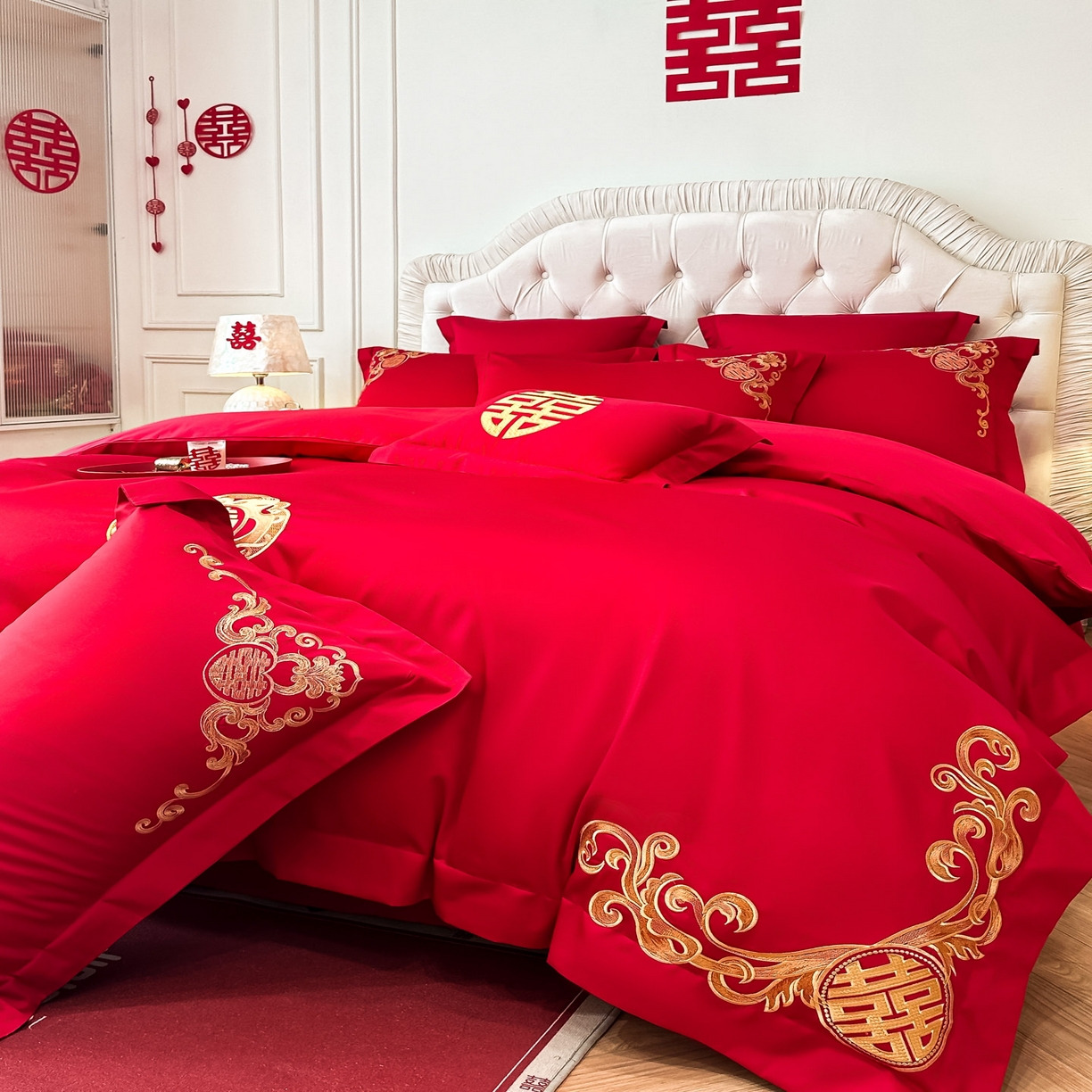 91家纺网 家纺一手货源 找家纺 欧乐蒂 2025新款亲肤棉婚庆刺绣四件套 锦上添喜