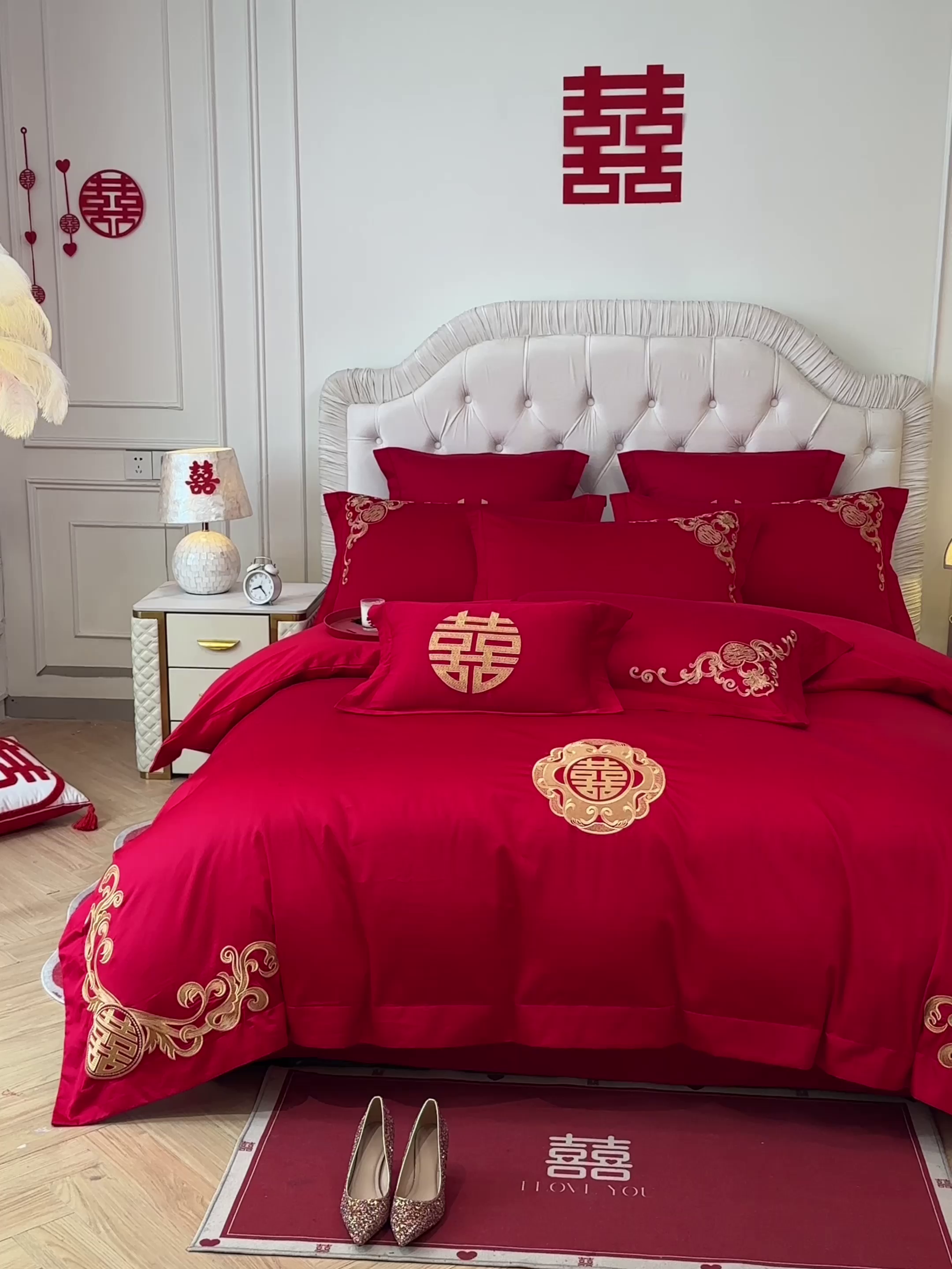 91家纺网 家纺一手货源 找家纺 欧乐蒂 2025新款亲肤棉婚庆刺绣四件套 锦上添喜