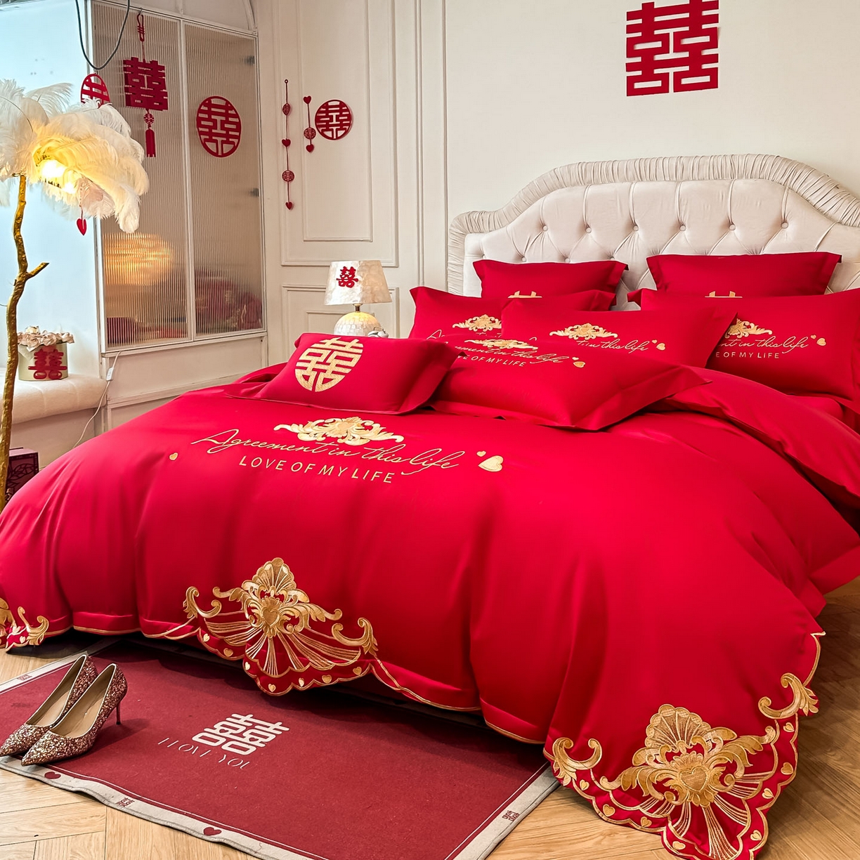 91家纺网 家纺一手货源 找家纺 欧乐蒂 2025新款亲肤棉婚庆刺绣四件套 锦绣佳缘