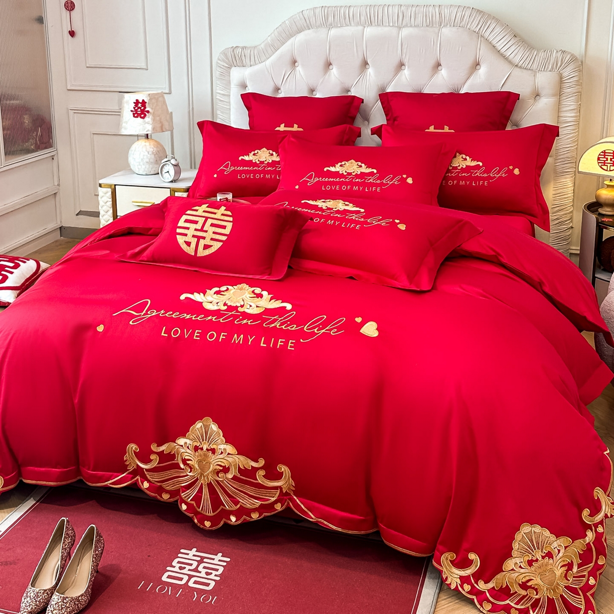 91家纺网 家纺一手货源 找家纺 欧乐蒂 2025新款亲肤棉婚庆刺绣四件套 锦绣佳缘