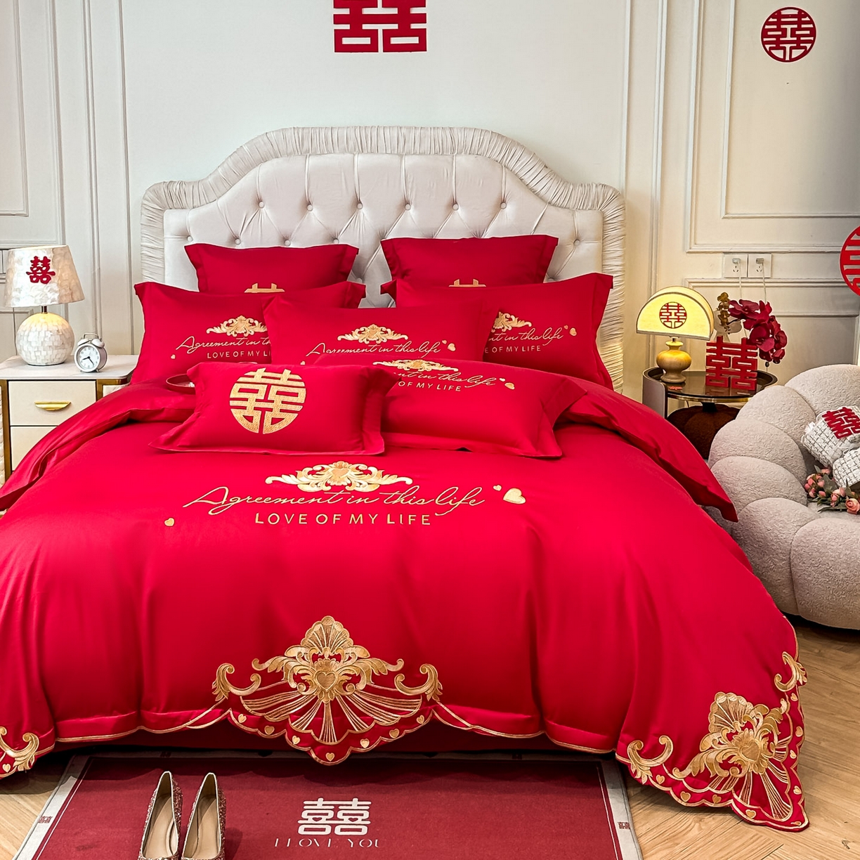 91家纺网 家纺一手货源 找家纺 欧乐蒂 2025新款亲肤棉婚庆刺绣四件套 锦绣佳缘