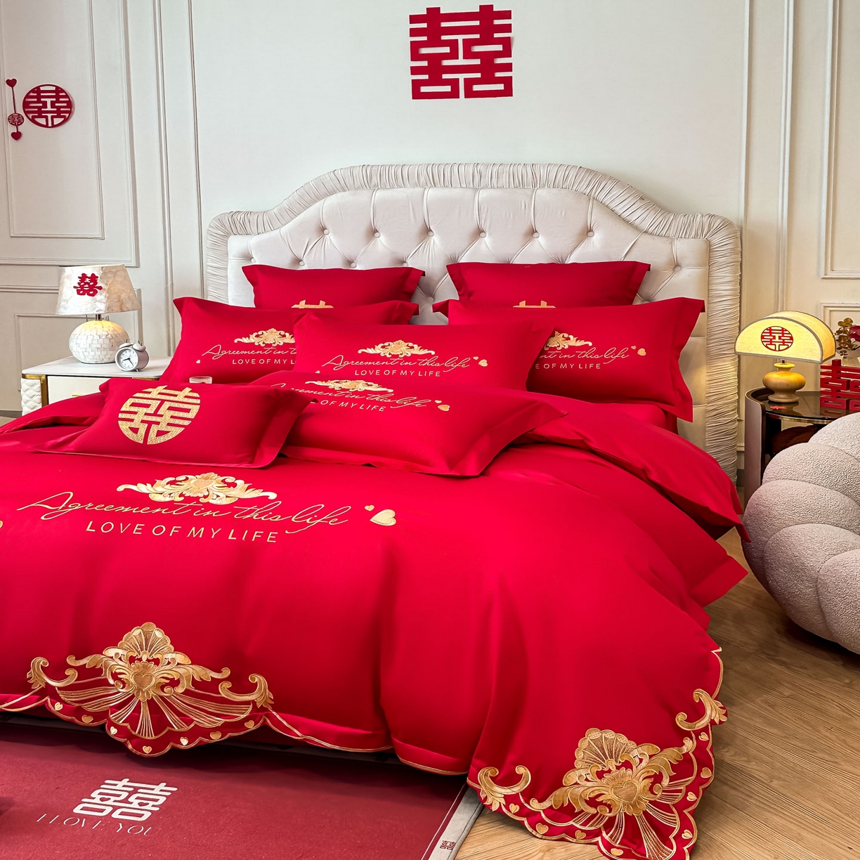 91家纺网 家纺一手货源 找家纺 欧乐蒂 2025新款亲肤棉婚庆刺绣四件套 锦绣佳缘