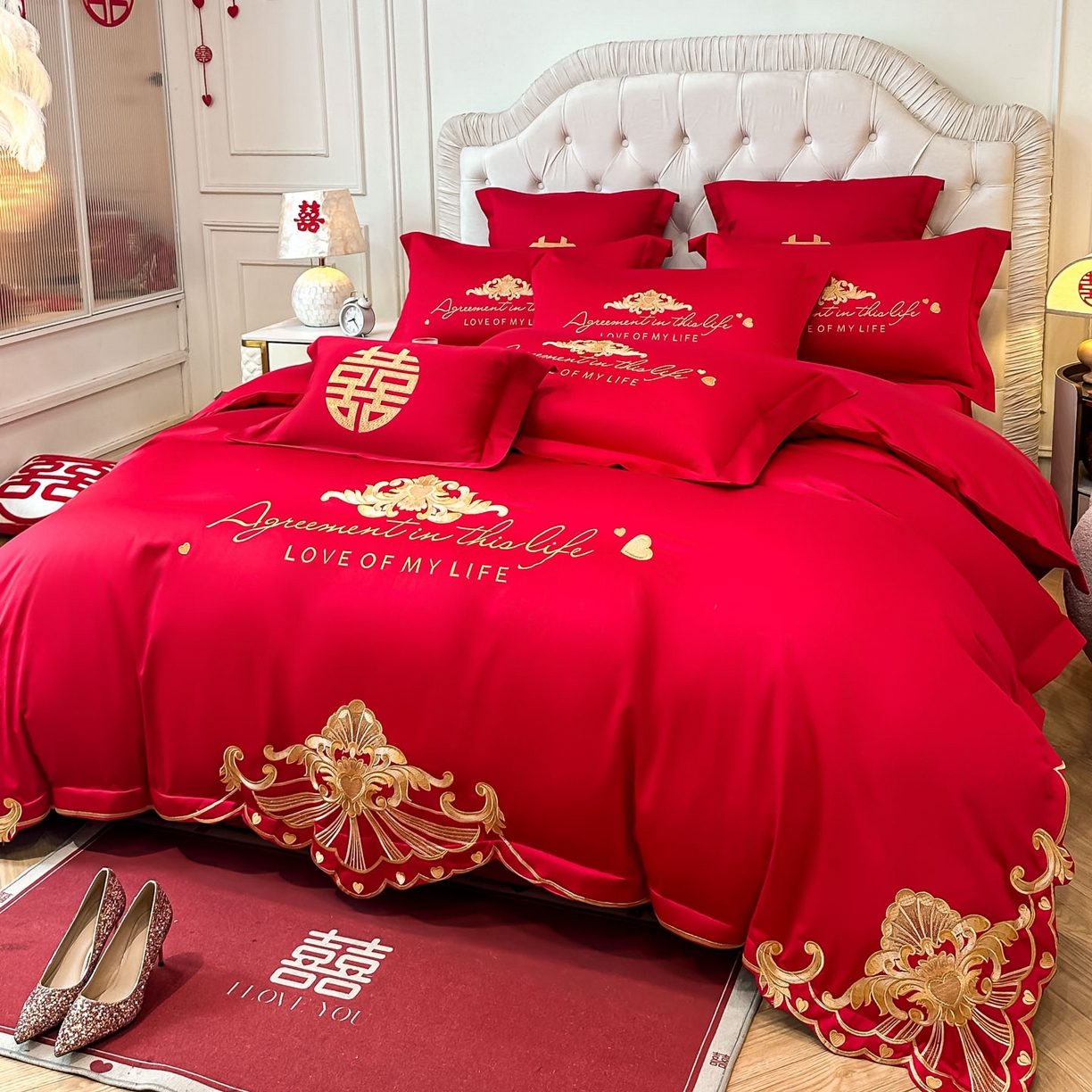 91家纺网 家纺一手货源 找家纺 欧乐蒂 2025新款亲肤棉婚庆刺绣四件套 锦绣佳缘