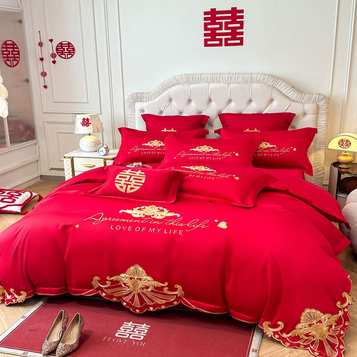 91家纺网 家纺一手货源 找家纺 欧乐蒂 2025新款亲肤棉婚庆刺绣四件套 锦绣佳缘