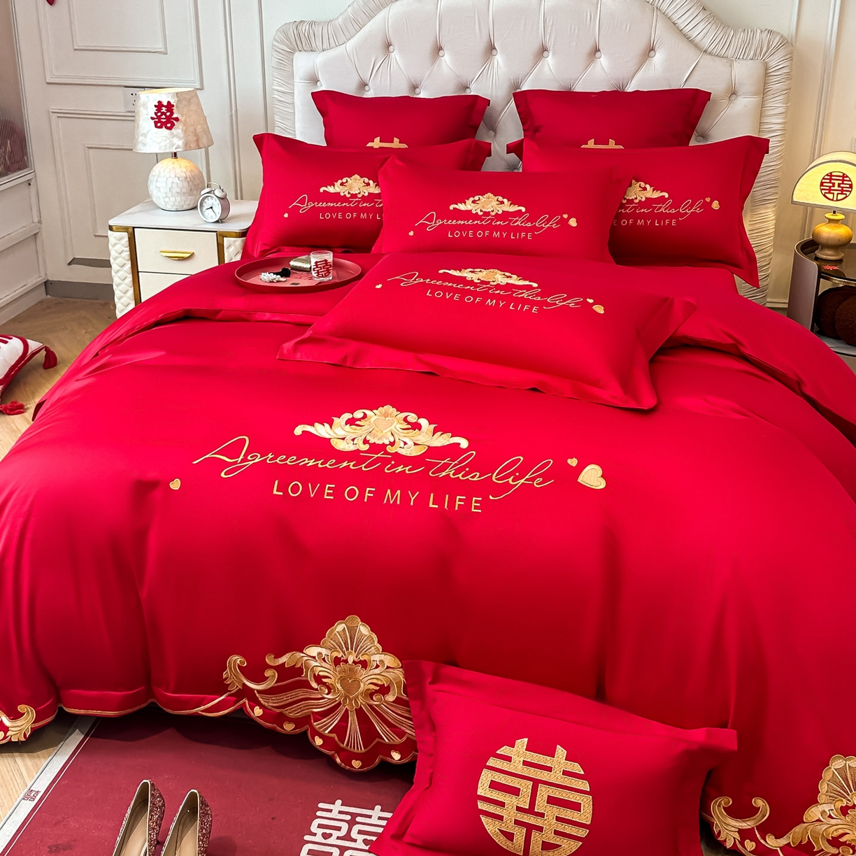 91家纺网 家纺一手货源 找家纺 欧乐蒂 2025新款亲肤棉婚庆刺绣四件套 锦绣佳缘