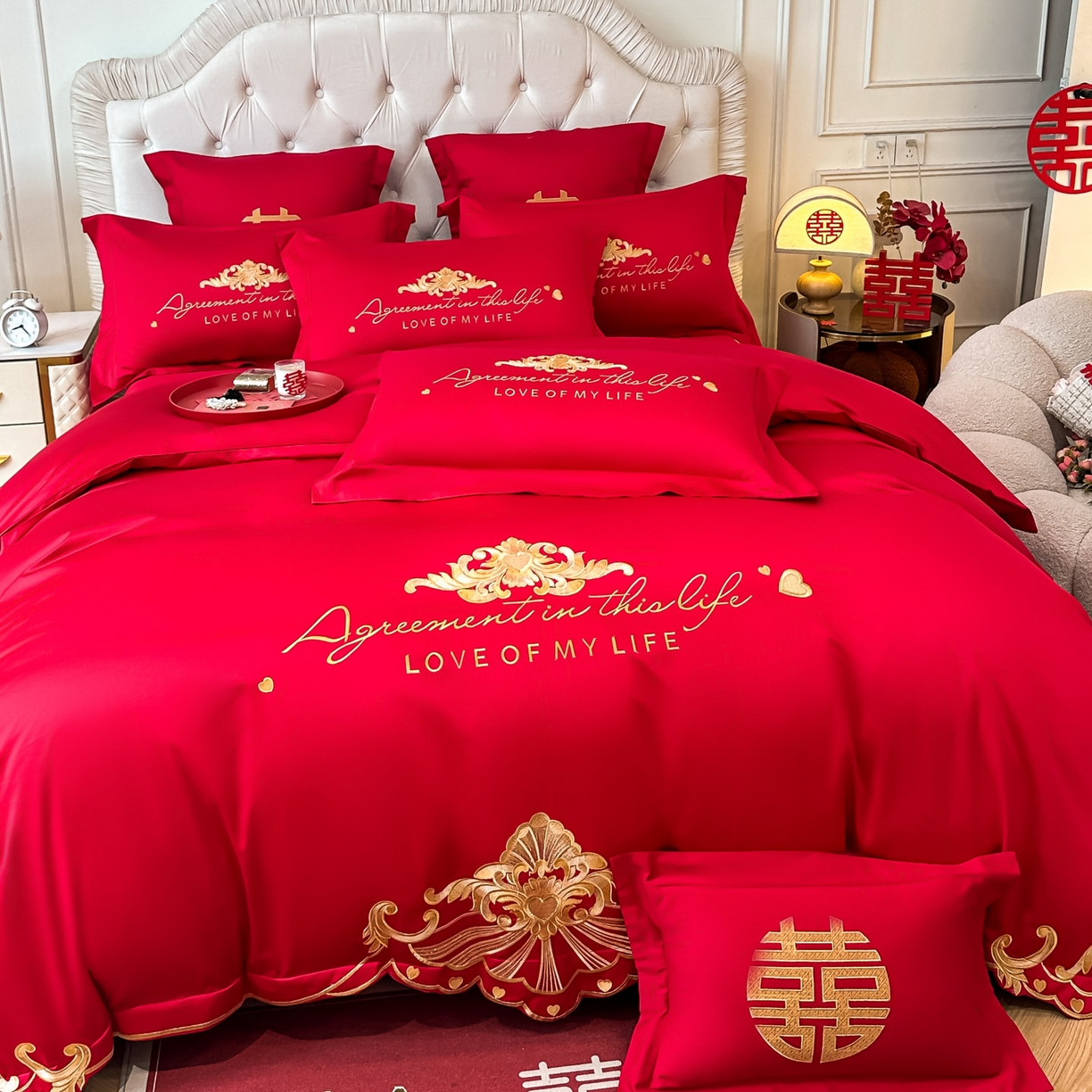 91家纺网 家纺一手货源 找家纺 欧乐蒂 2025新款亲肤棉婚庆刺绣四件套 锦绣佳缘