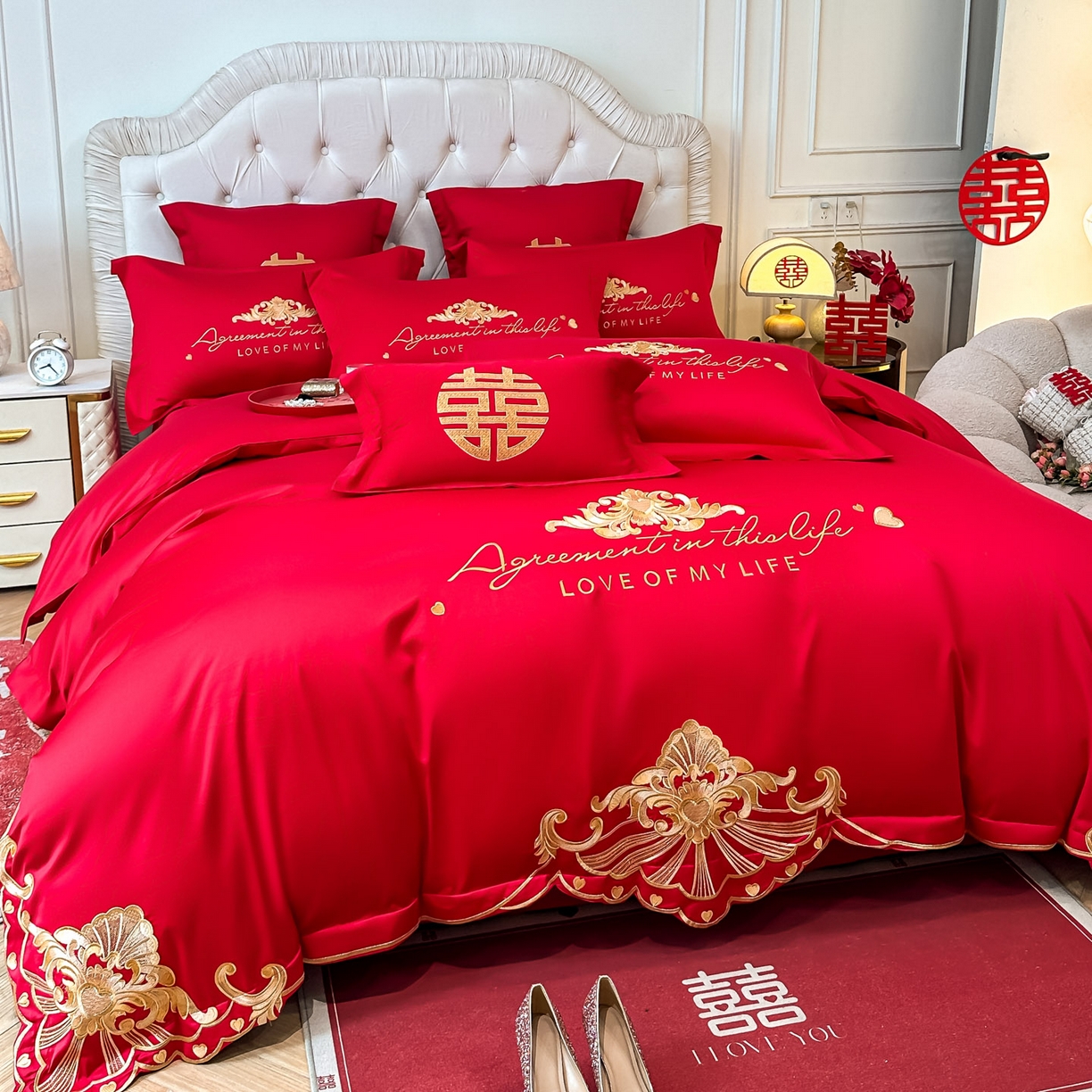 91家纺网 家纺一手货源 找家纺 欧乐蒂 2025新款亲肤棉婚庆刺绣四件套 锦绣佳缘