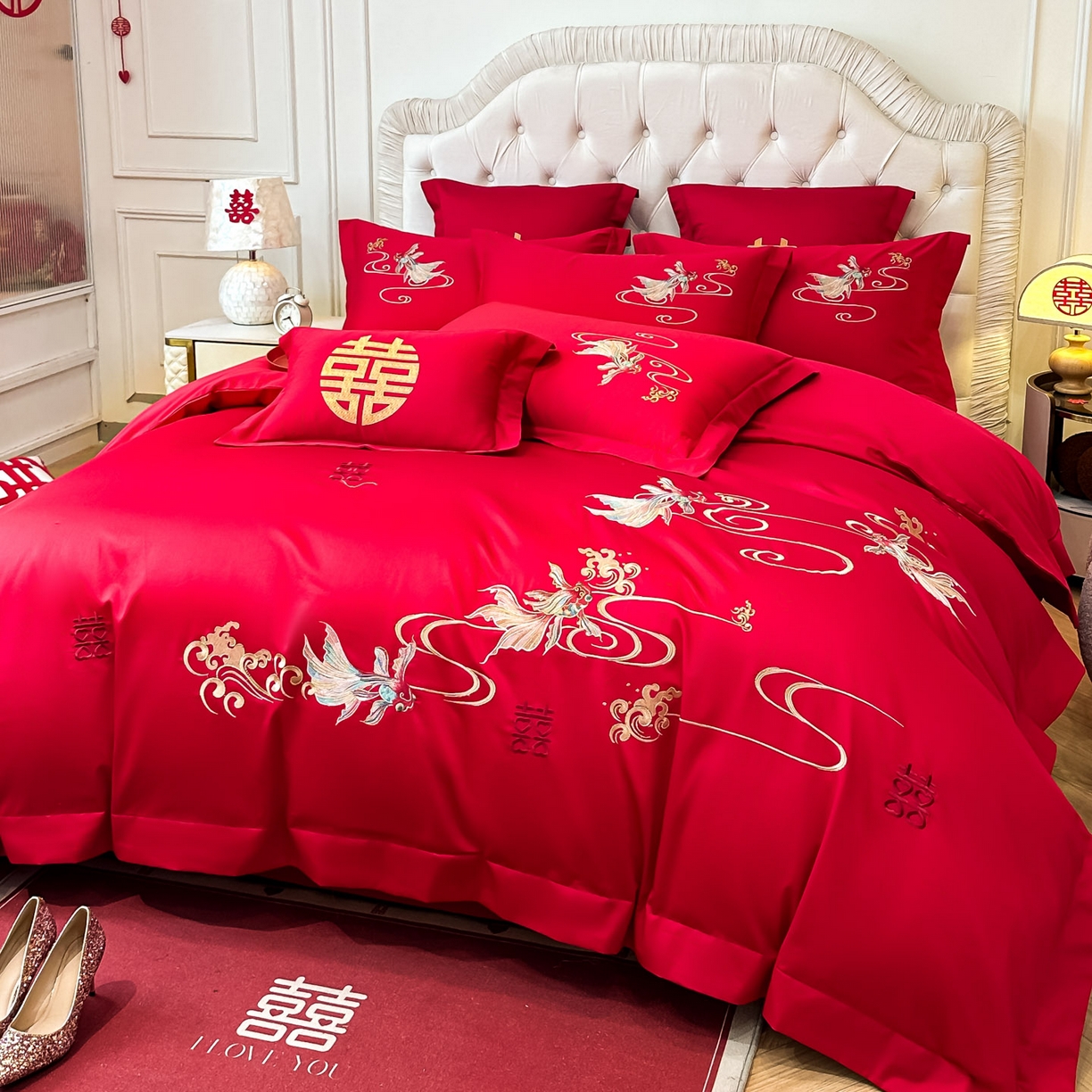 91家纺网 家纺一手货源 找家纺 欧乐蒂 2025新款亲肤棉婚庆刺绣四件套 锦绣江河