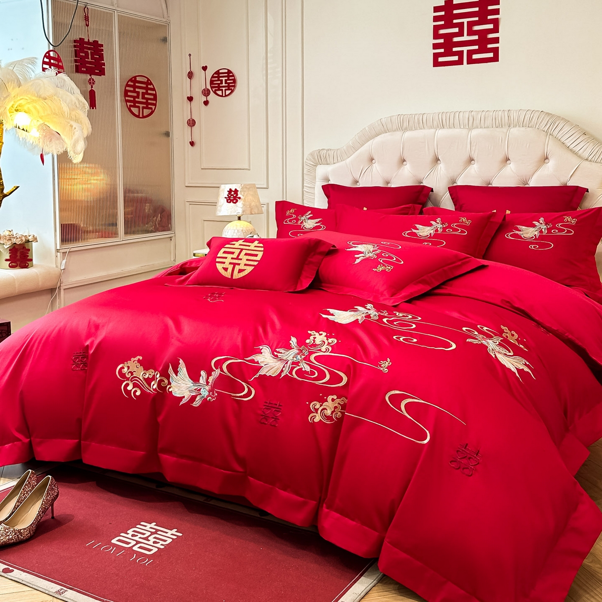 91家纺网 家纺一手货源 找家纺 欧乐蒂 2025新款亲肤棉婚庆刺绣四件套 锦绣江河