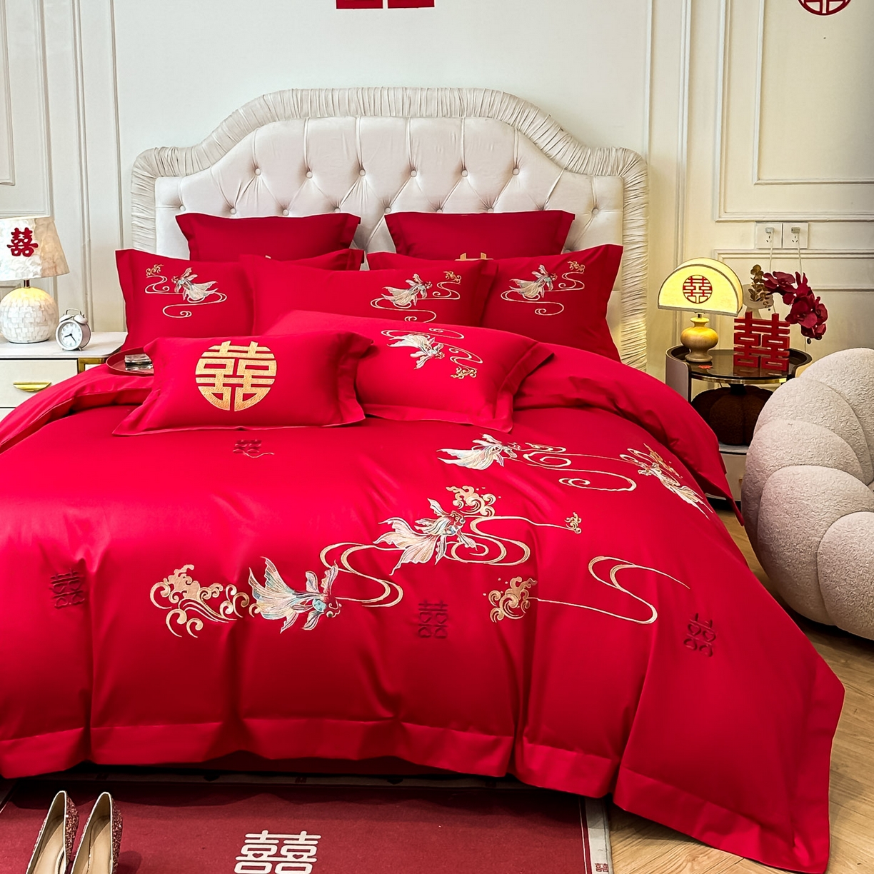 91家纺网 家纺一手货源 找家纺 欧乐蒂 2025新款亲肤棉婚庆刺绣四件套 锦绣江河