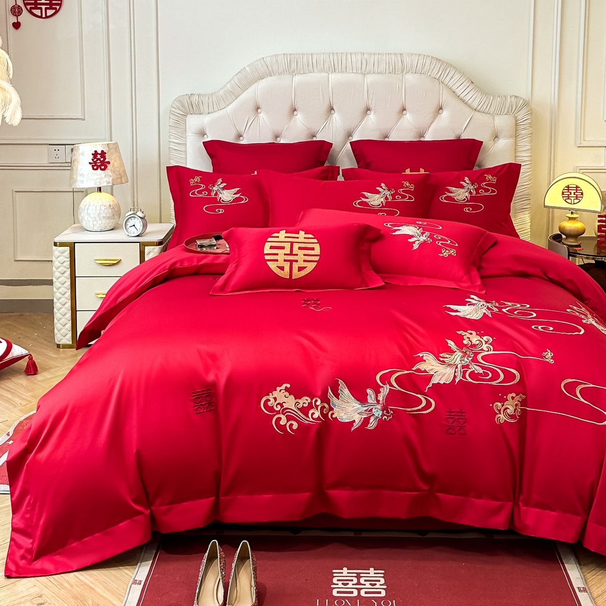 91家纺网 家纺一手货源 找家纺 欧乐蒂 2025新款亲肤棉婚庆刺绣四件套 锦绣江河