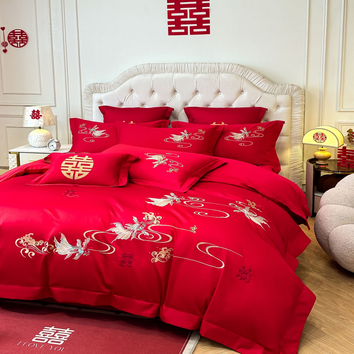 91家纺网 家纺一手货源 找家纺 欧乐蒂 2025新款亲肤棉婚庆刺绣四件套 锦绣江河
