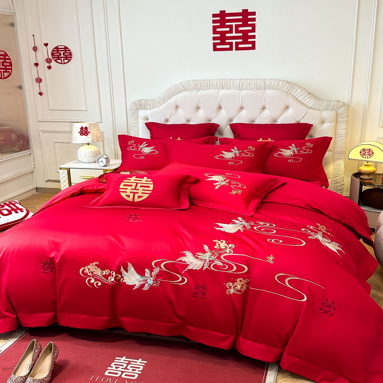 91家纺网 家纺一手货源 找家纺 欧乐蒂 2025新款亲肤棉婚庆刺绣四件套 锦绣江河