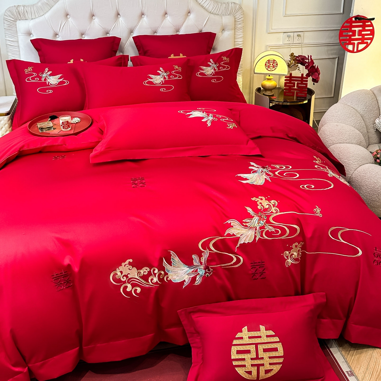 91家纺网 家纺一手货源 找家纺 欧乐蒂 2025新款亲肤棉婚庆刺绣四件套 锦绣江河