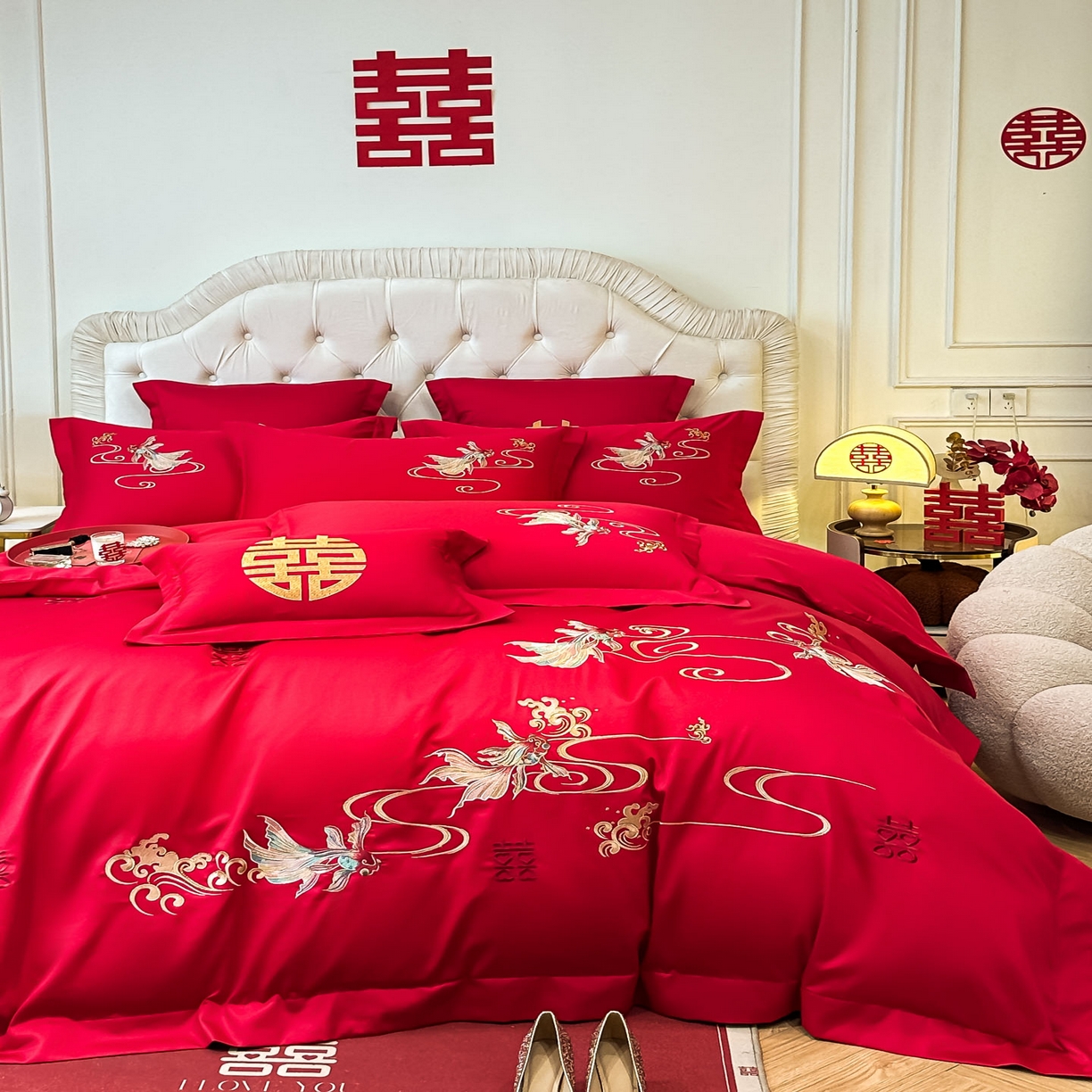 91家纺网 家纺一手货源 找家纺 欧乐蒂 2025新款亲肤棉婚庆刺绣四件套 锦绣江河