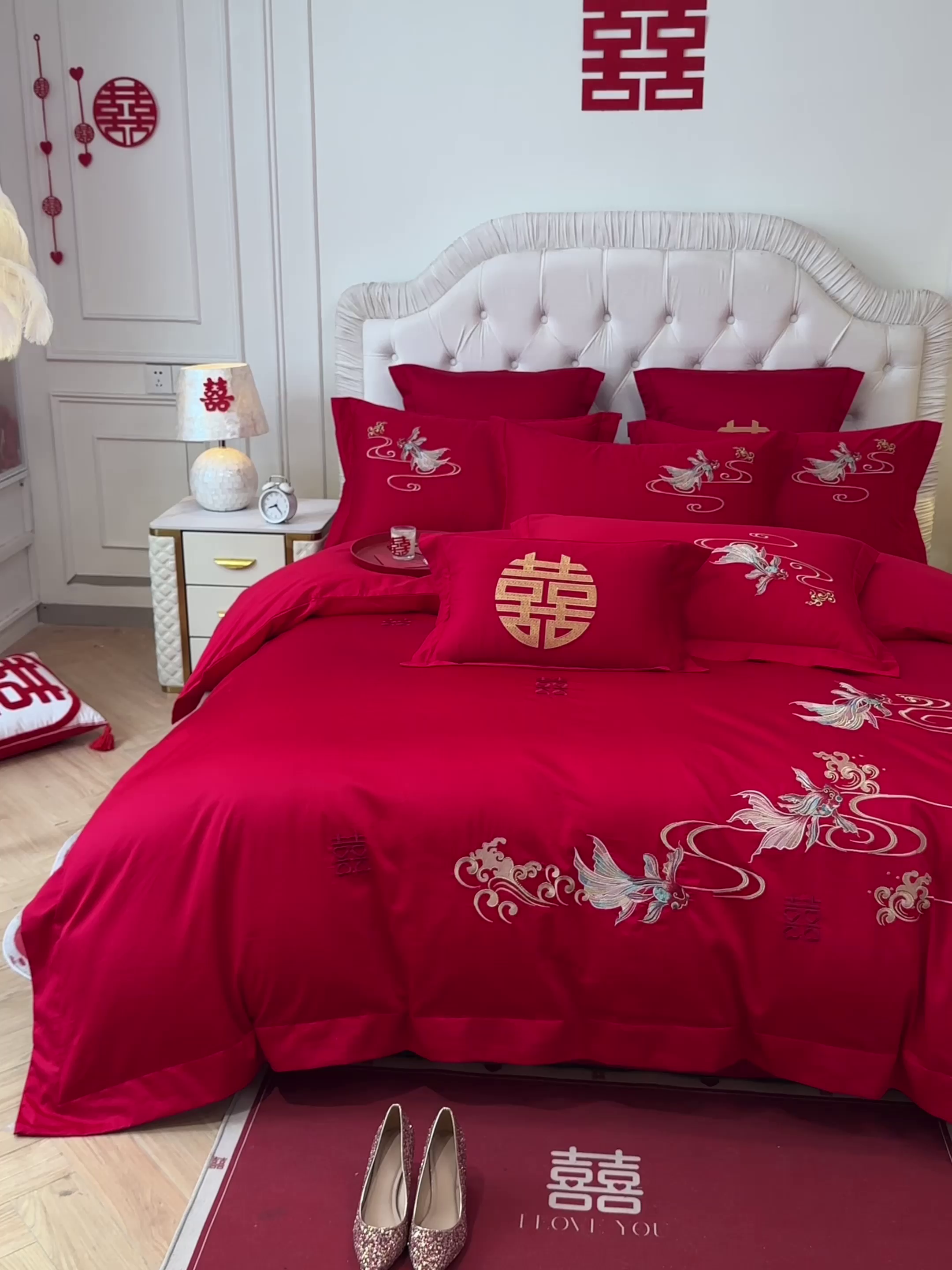 91家纺网 家纺一手货源 找家纺 欧乐蒂 2025新款亲肤棉婚庆刺绣四件套 锦绣江河