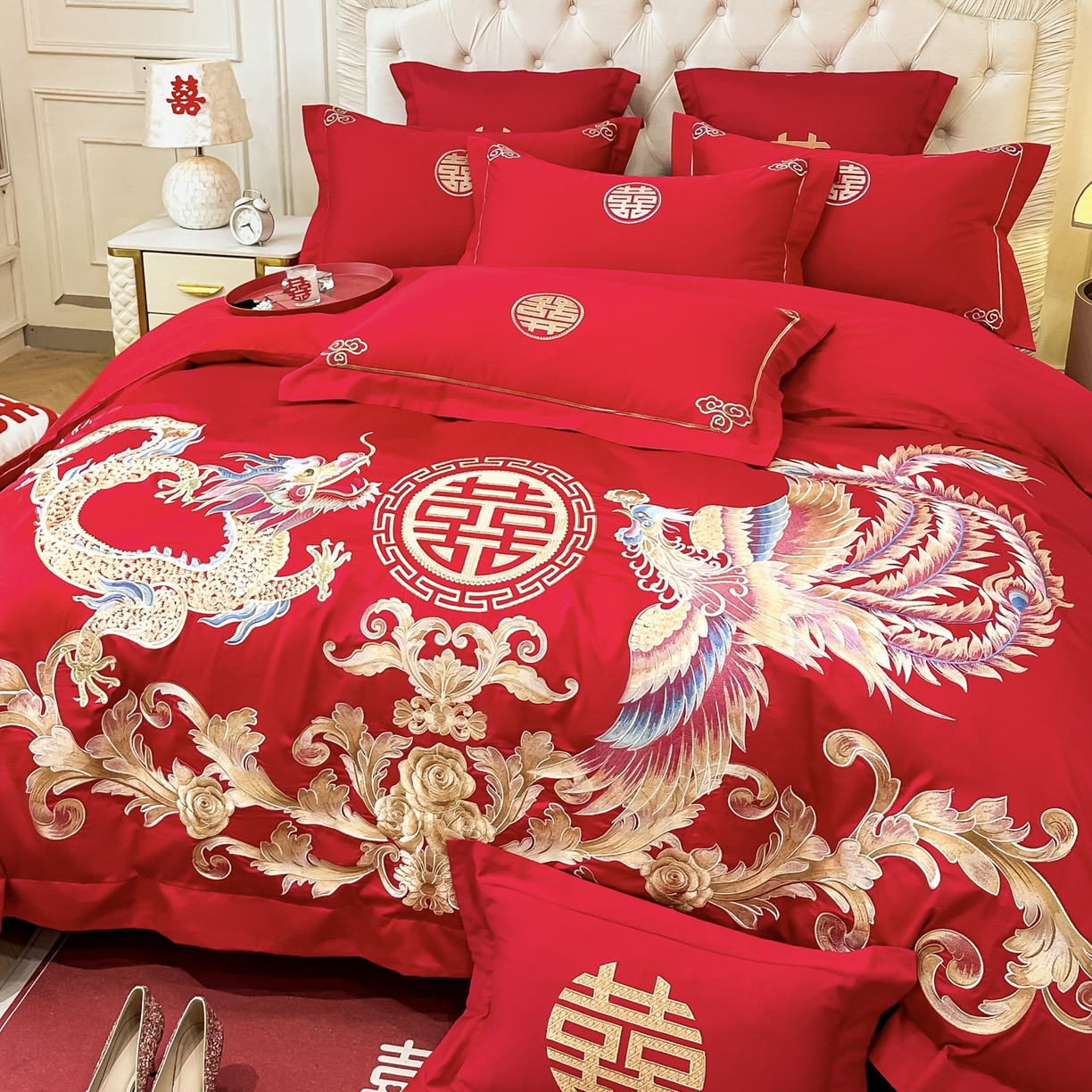 91家纺网 家纺一手货源 找家纺 欧乐蒂 2025新款亲肤棉婚庆刺绣四件套 锦绣龙凤