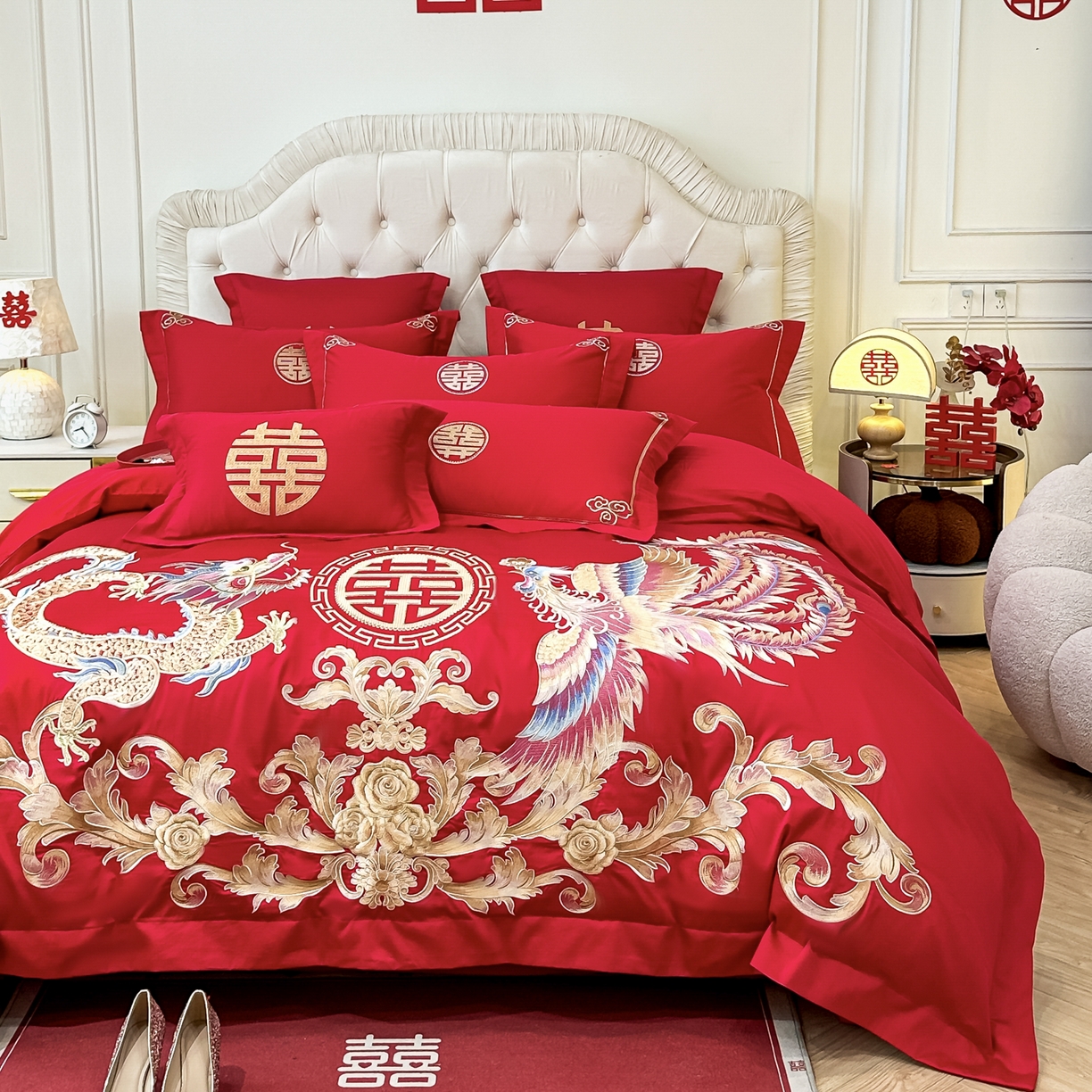 91家纺网 家纺一手货源 找家纺 欧乐蒂 2025新款亲肤棉婚庆刺绣四件套 锦绣龙凤