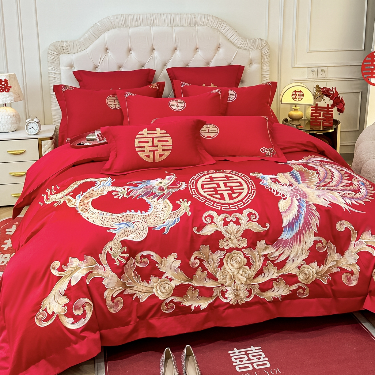 91家纺网 家纺一手货源 找家纺 欧乐蒂 2025新款亲肤棉婚庆刺绣四件套 锦绣龙凤