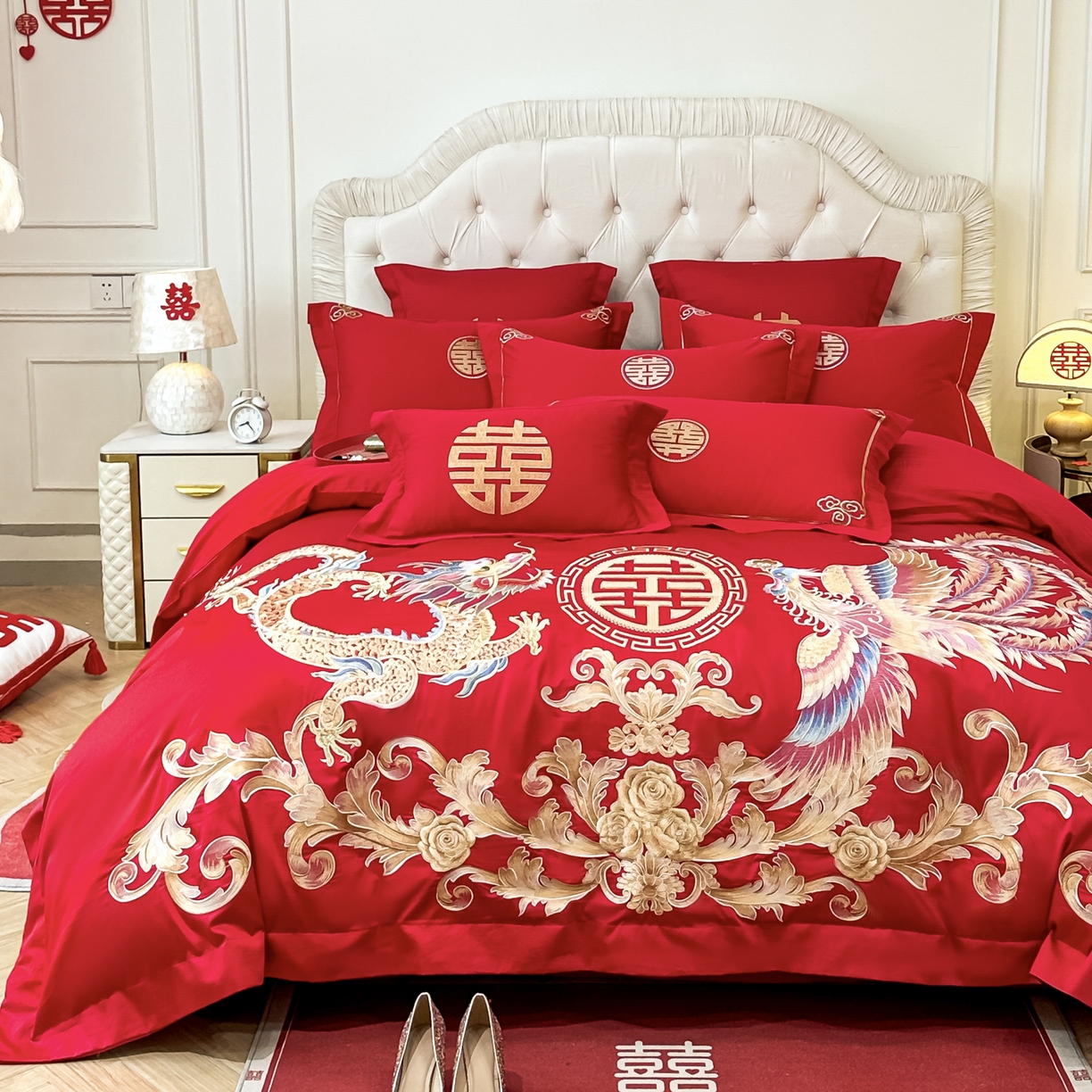 91家纺网 家纺一手货源 找家纺 欧乐蒂 2025新款亲肤棉婚庆刺绣四件套 锦绣龙凤