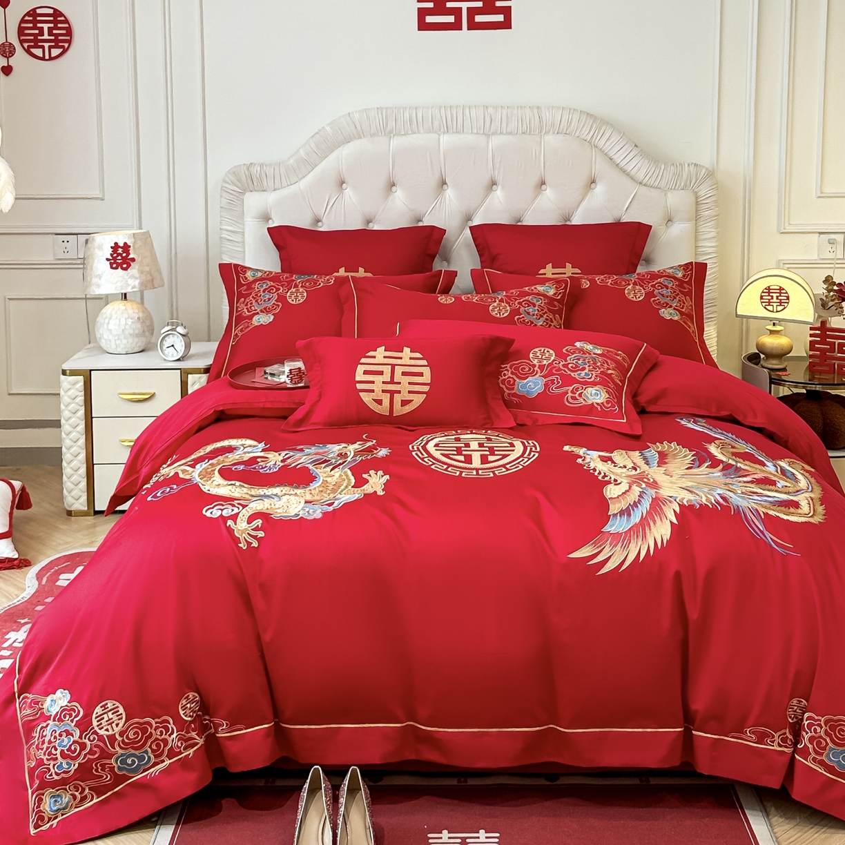 91家纺网 家纺一手货源 找家纺 欧乐蒂 2025新款亲肤棉婚庆刺绣四件套 龙飞凤舞