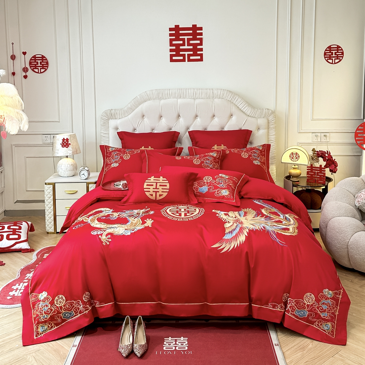 欧乐蒂 2025新款亲肤棉婚庆刺绣四件套 龙飞凤舞