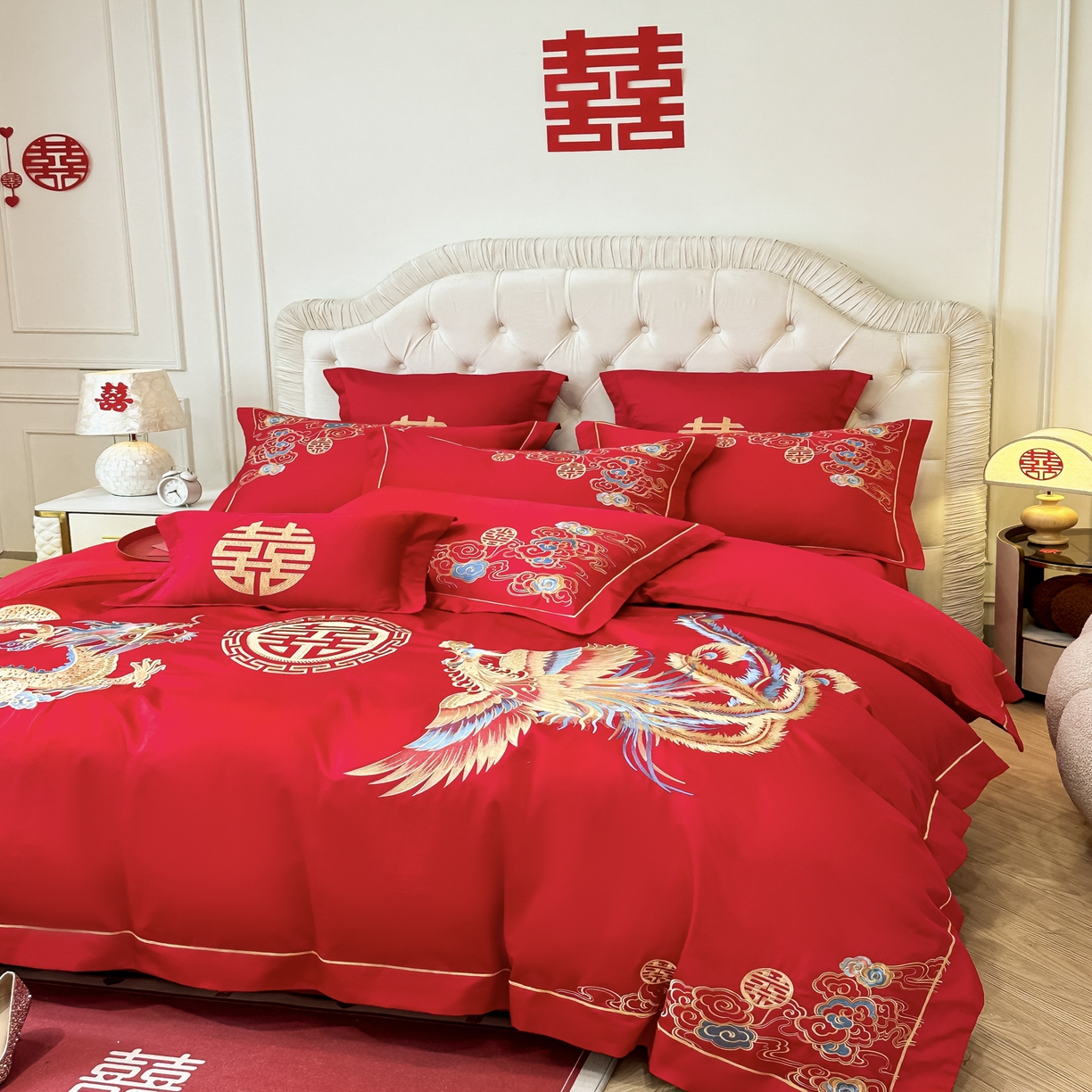 91家纺网 家纺一手货源 找家纺 欧乐蒂 2025新款亲肤棉婚庆刺绣四件套 龙飞凤舞