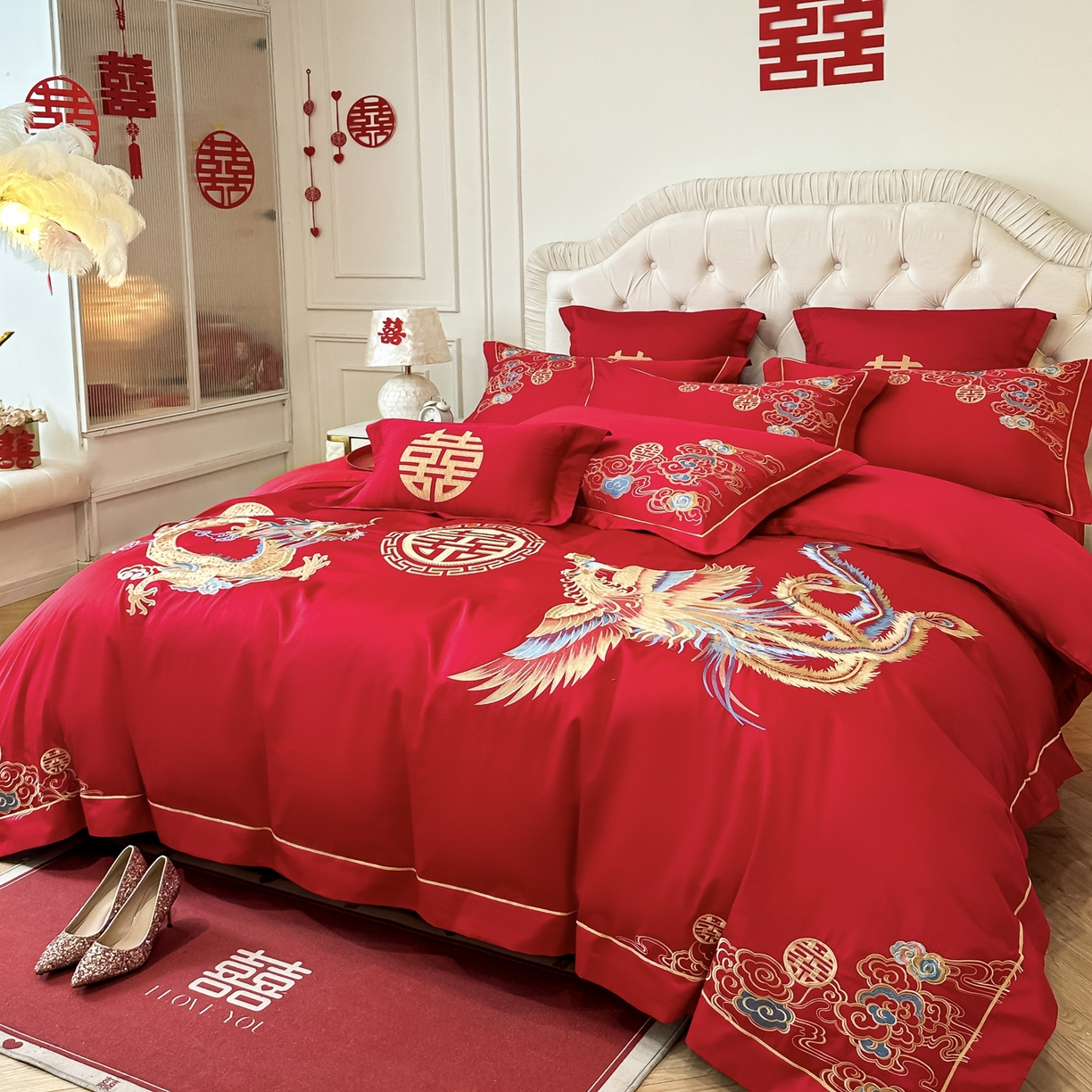 91家纺网 家纺一手货源 找家纺 欧乐蒂 2025新款亲肤棉婚庆刺绣四件套 龙飞凤舞