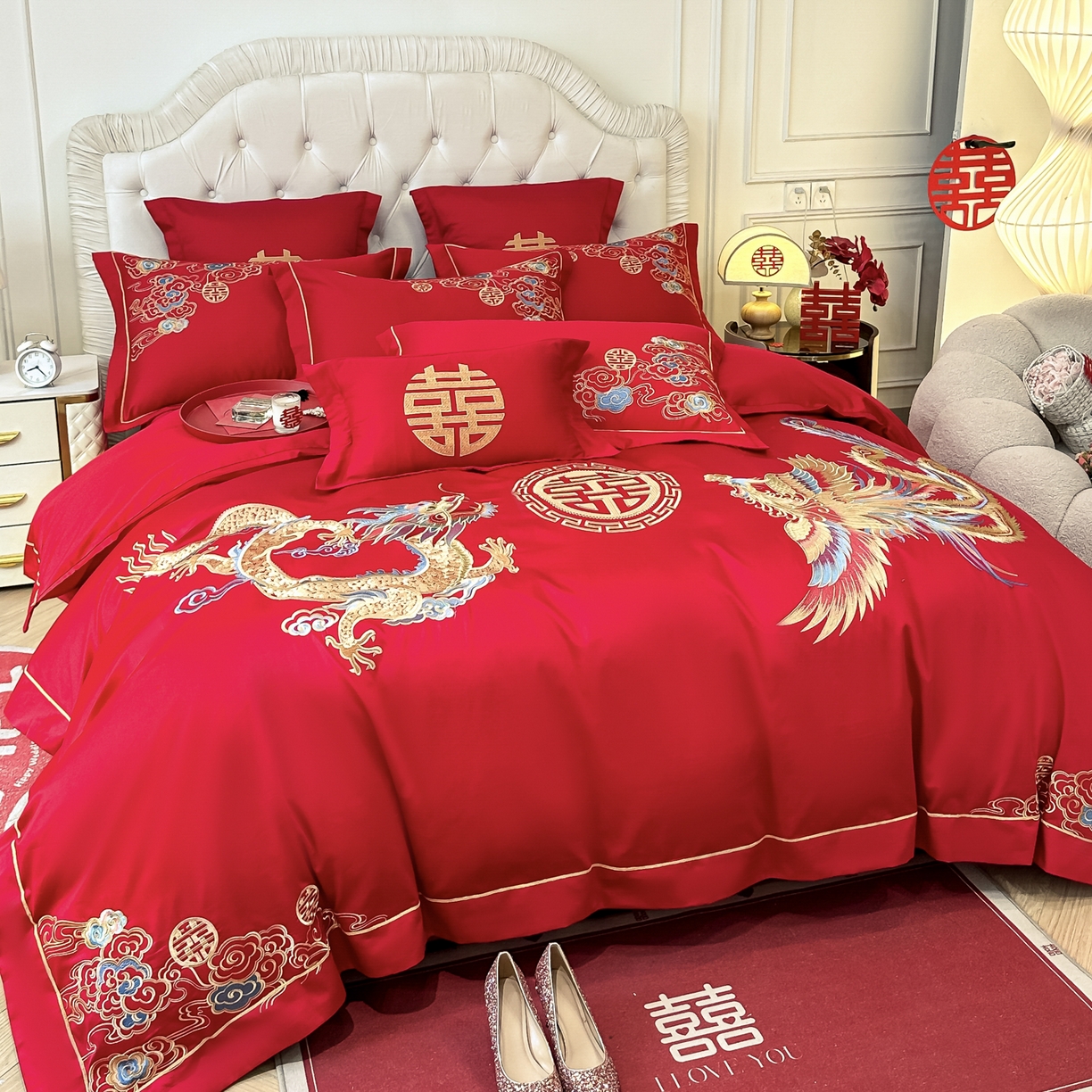 91家纺网 家纺一手货源 找家纺 欧乐蒂 2025新款亲肤棉婚庆刺绣四件套 龙飞凤舞