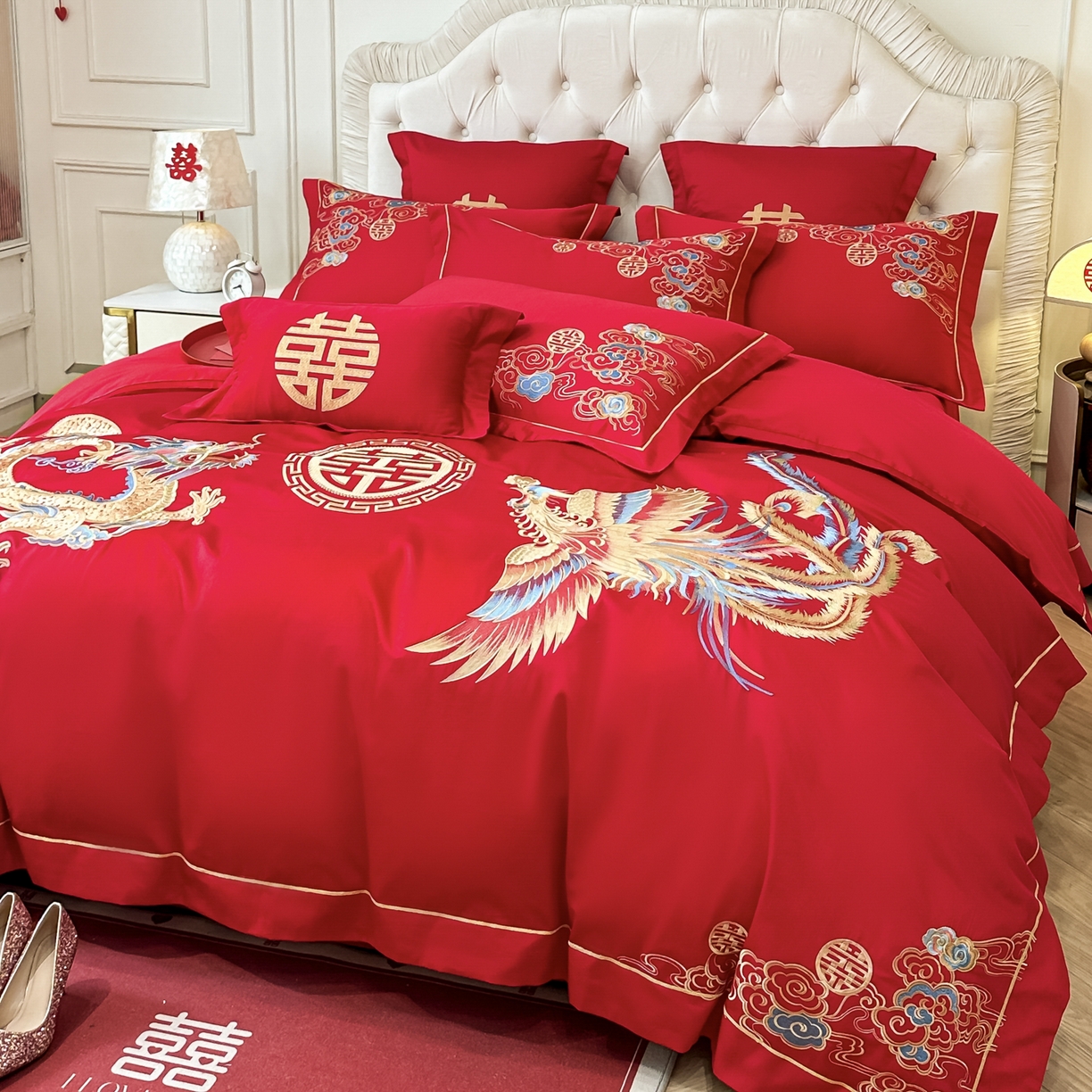 91家纺网 家纺一手货源 找家纺 欧乐蒂 2025新款亲肤棉婚庆刺绣四件套 龙飞凤舞