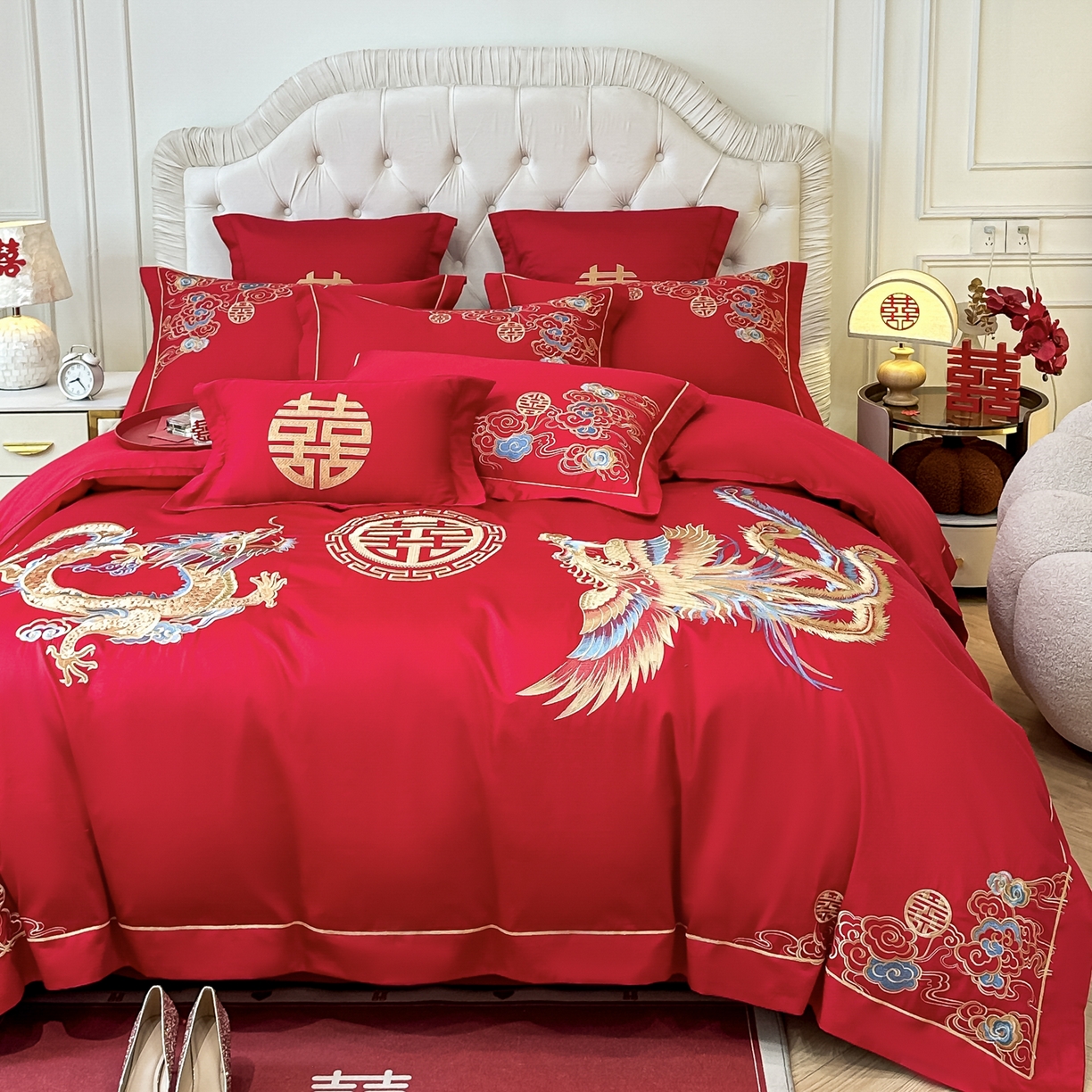 91家纺网 家纺一手货源 找家纺 欧乐蒂 2025新款亲肤棉婚庆刺绣四件套 龙飞凤舞