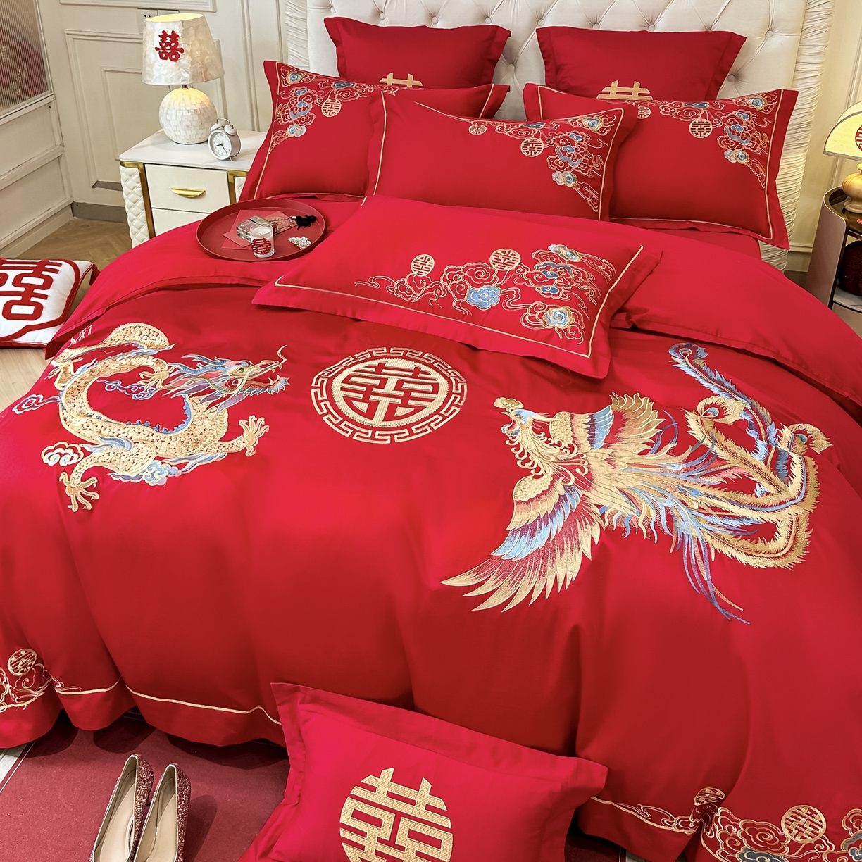 91家纺网 家纺一手货源 找家纺 欧乐蒂 2025新款亲肤棉婚庆刺绣四件套 龙飞凤舞