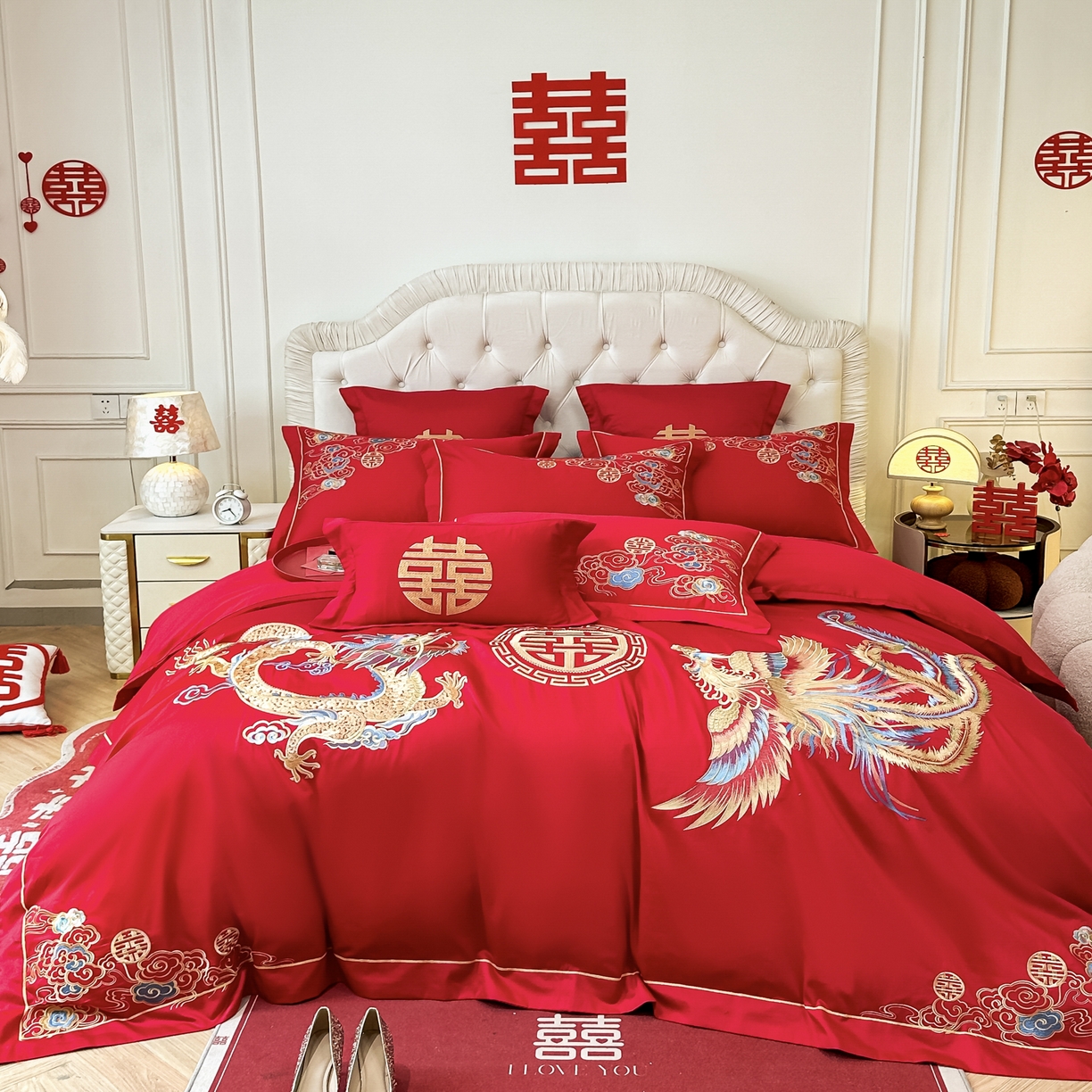 91家纺网 家纺一手货源 找家纺 欧乐蒂 2025新款亲肤棉婚庆刺绣四件套 龙飞凤舞
