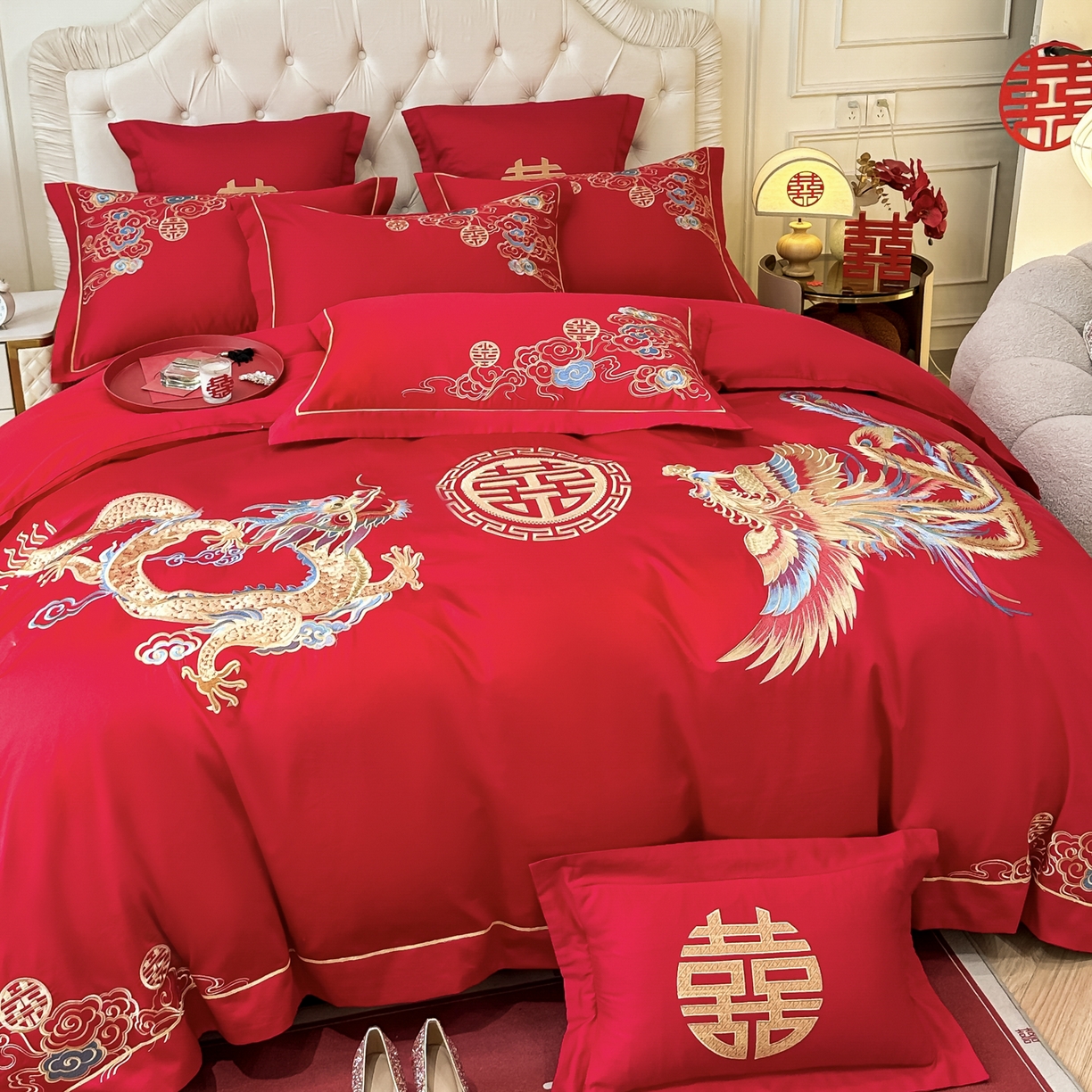 91家纺网 家纺一手货源 找家纺 欧乐蒂 2025新款亲肤棉婚庆刺绣四件套 龙飞凤舞