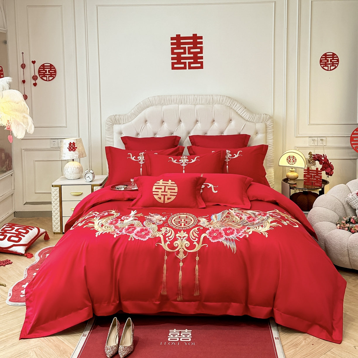 欧乐蒂 2025新款亲肤棉婚庆刺绣四件套 龙凤爱恋