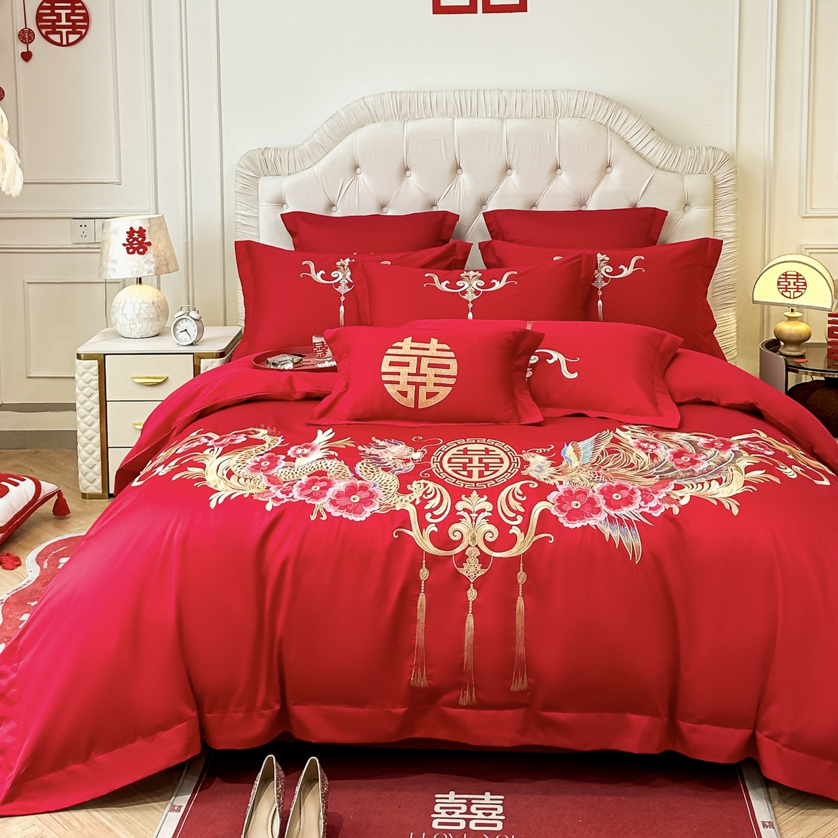 91家纺网 家纺一手货源 找家纺 欧乐蒂 2025新款亲肤棉婚庆刺绣四件套 龙凤爱恋