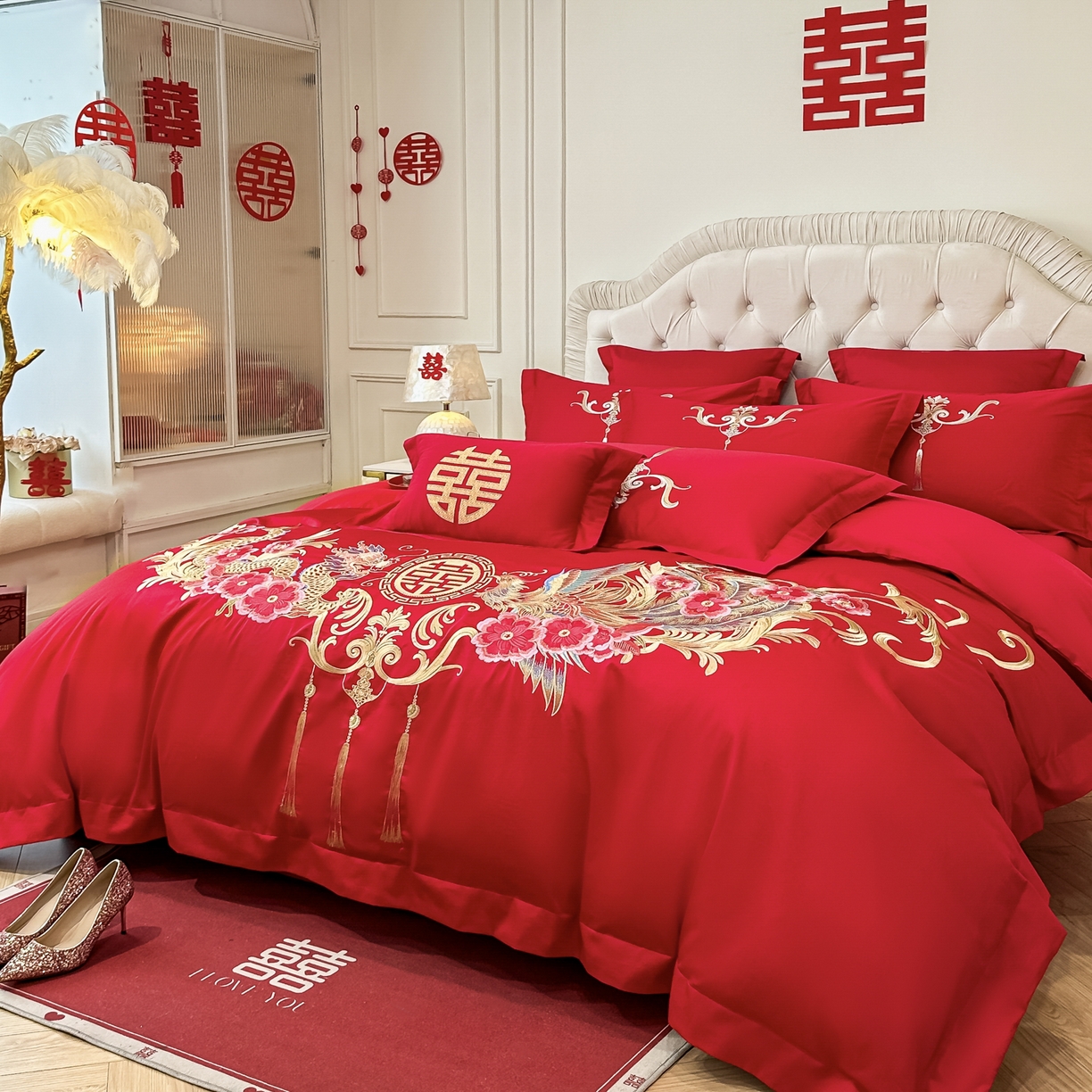 91家纺网 家纺一手货源 找家纺 欧乐蒂 2025新款亲肤棉婚庆刺绣四件套 龙凤爱恋