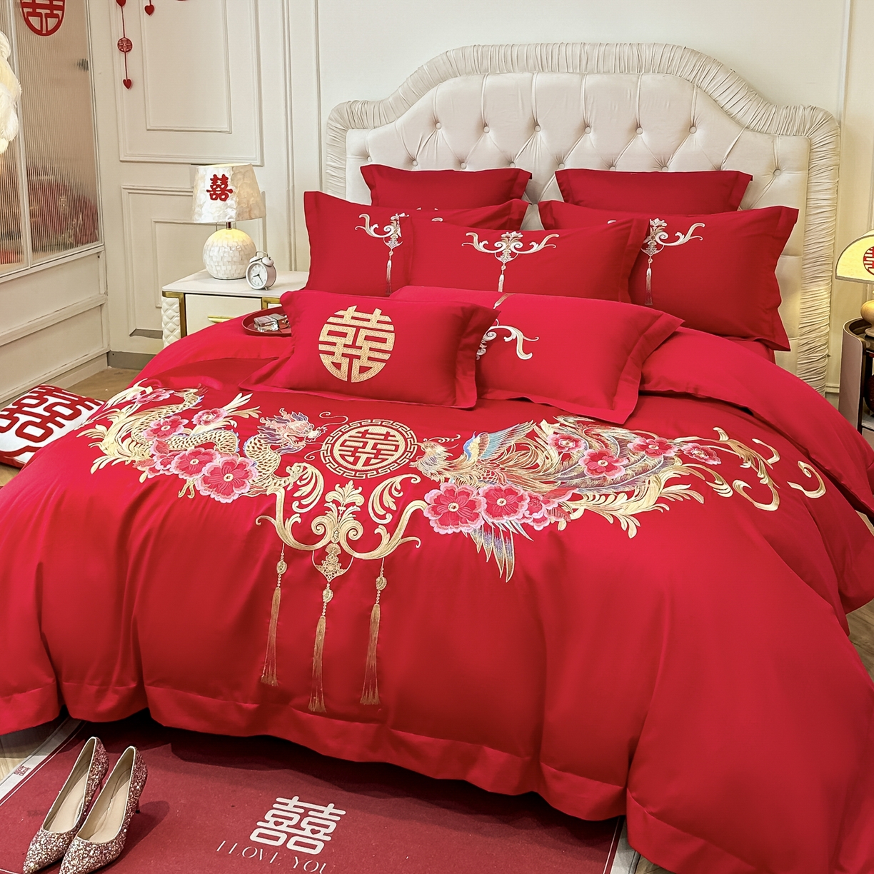 91家纺网 家纺一手货源 找家纺 欧乐蒂 2025新款亲肤棉婚庆刺绣四件套 龙凤爱恋