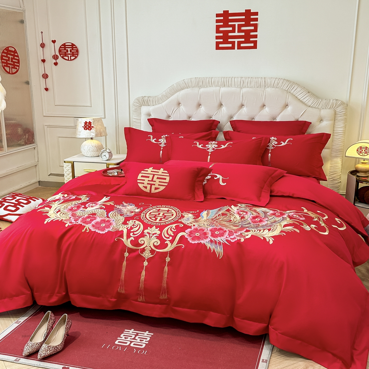 91家纺网 家纺一手货源 找家纺 欧乐蒂 2025新款亲肤棉婚庆刺绣四件套 龙凤爱恋