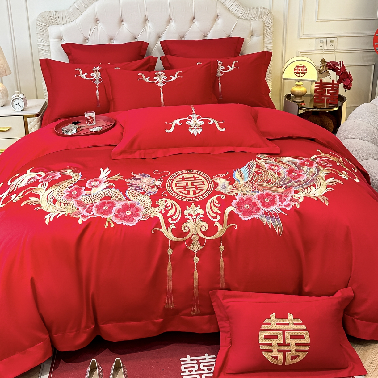 91家纺网 家纺一手货源 找家纺 欧乐蒂 2025新款亲肤棉婚庆刺绣四件套 龙凤爱恋