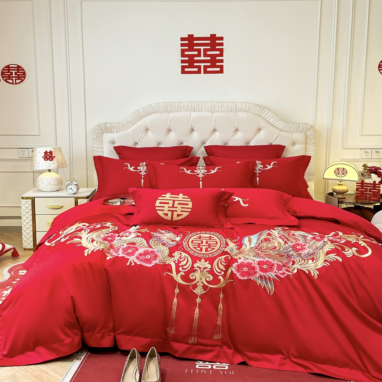 91家纺网 家纺一手货源 找家纺 欧乐蒂 2025新款亲肤棉婚庆刺绣四件套 龙凤爱恋