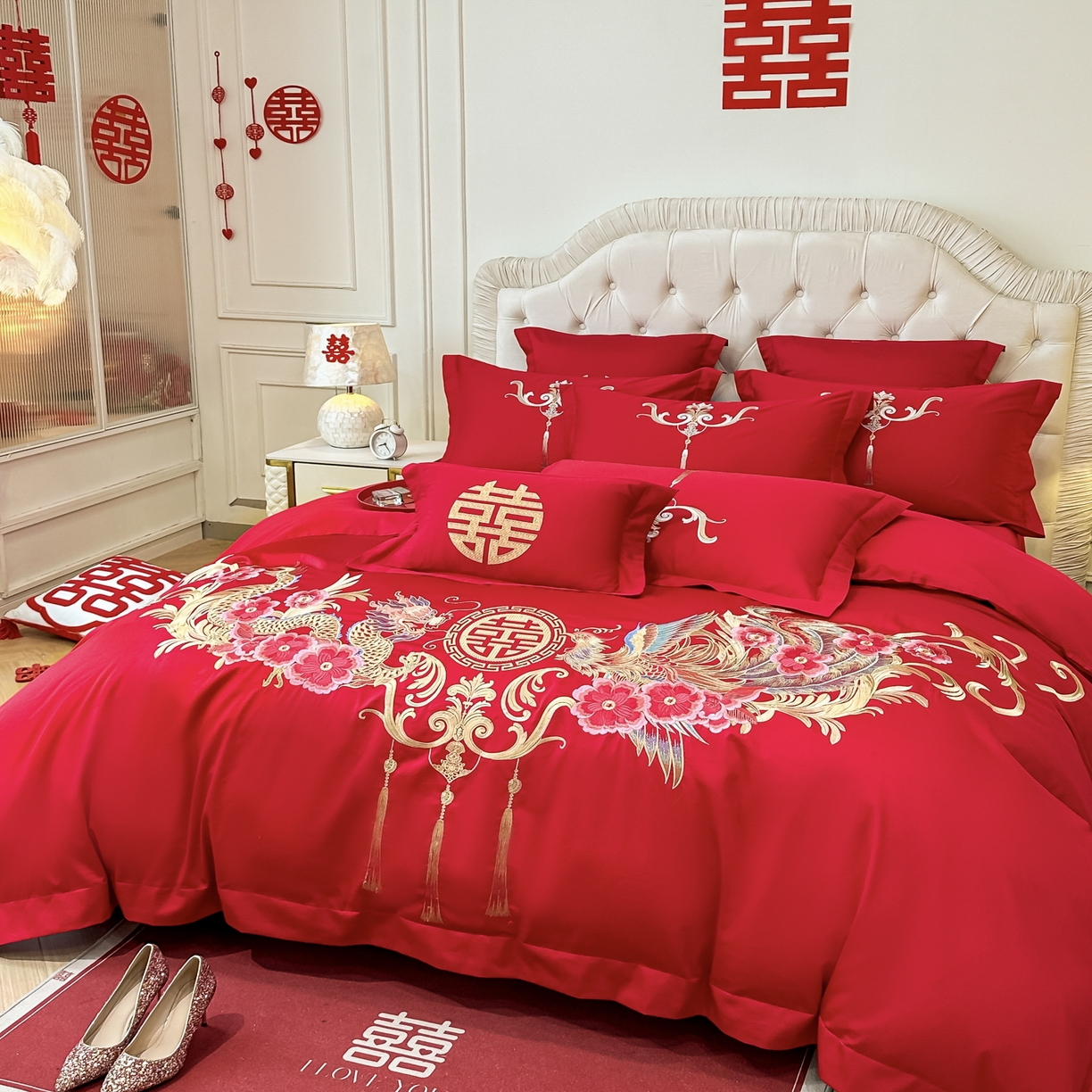 91家纺网 家纺一手货源 找家纺 欧乐蒂 2025新款亲肤棉婚庆刺绣四件套 龙凤爱恋