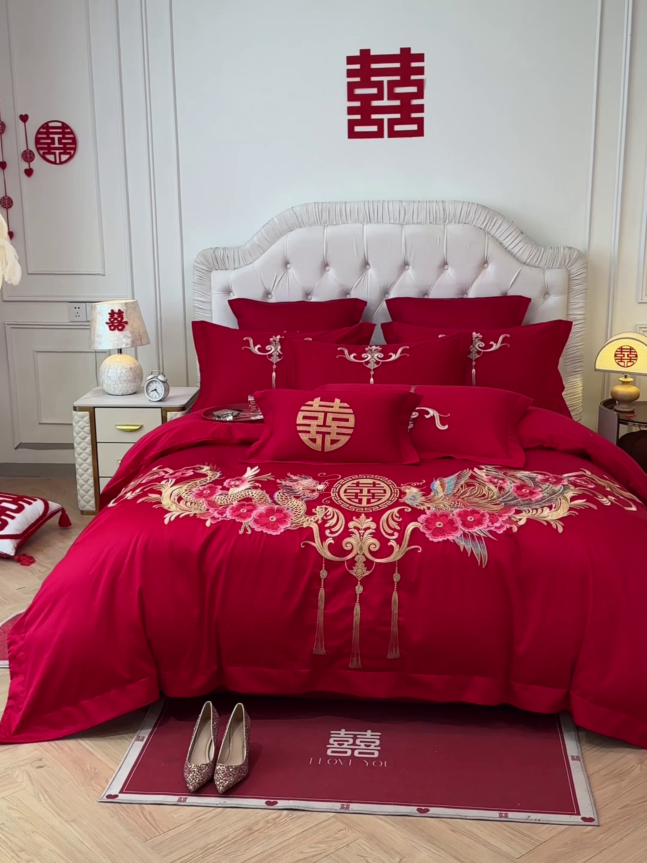 91家纺网 家纺一手货源 找家纺 欧乐蒂 2025新款亲肤棉婚庆刺绣四件套 龙凤爱恋