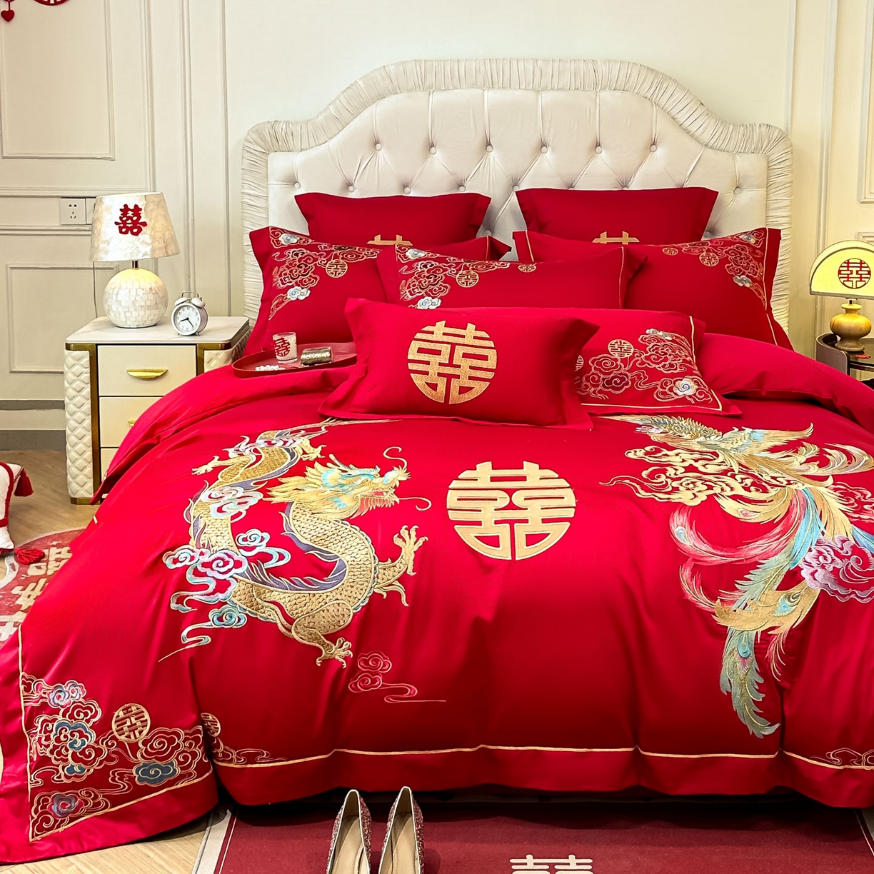 91家纺网 家纺一手货源 找家纺 欧乐蒂 2025新款亲肤棉婚庆刺绣四件套 龙凤缠绵