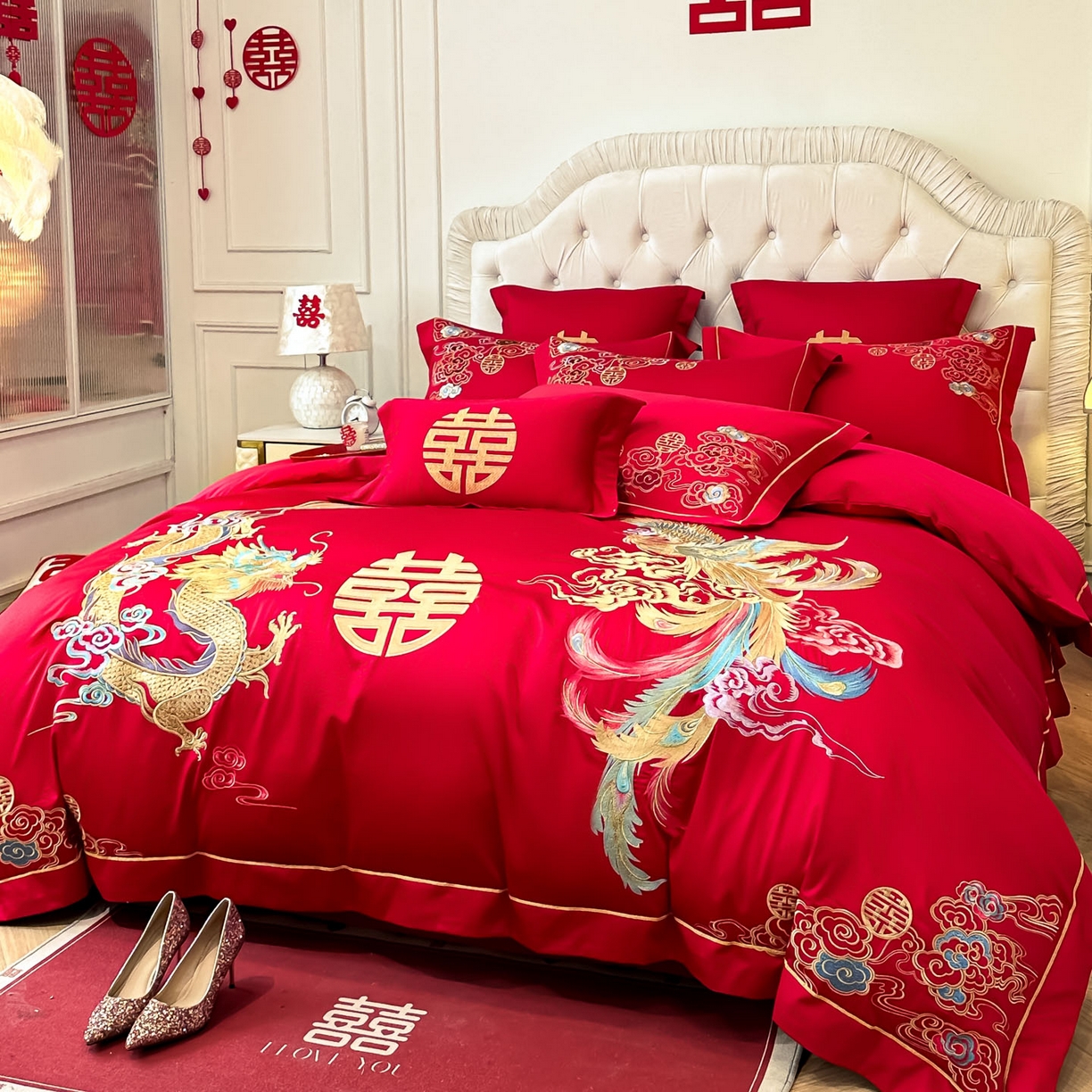 91家纺网 家纺一手货源 找家纺 欧乐蒂 2025新款亲肤棉婚庆刺绣四件套 龙凤缠绵